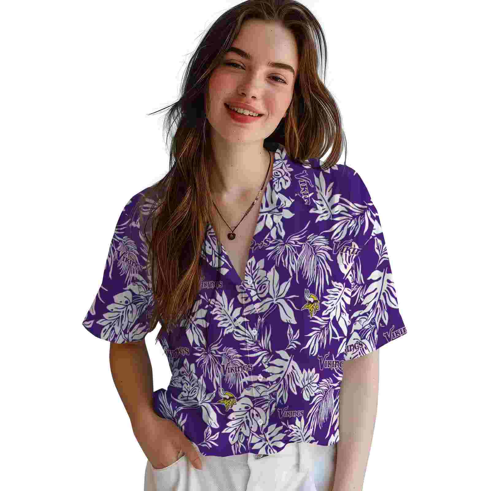 minnesota vikings tropical leaf purple white hawaiian shirt latest model