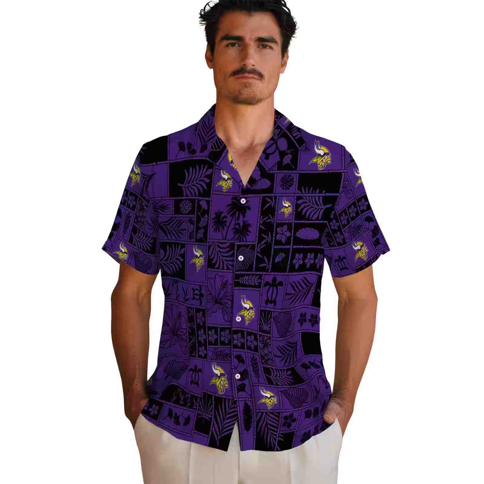 minnesota vikings tropical patchwork purple black hawaiian shirt fashion forward