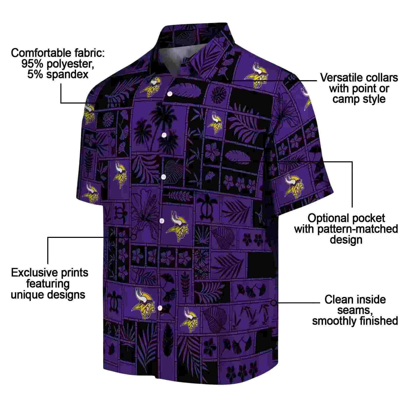 minnesota vikings tropical patchwork purple black hawaiian shirt new arrival