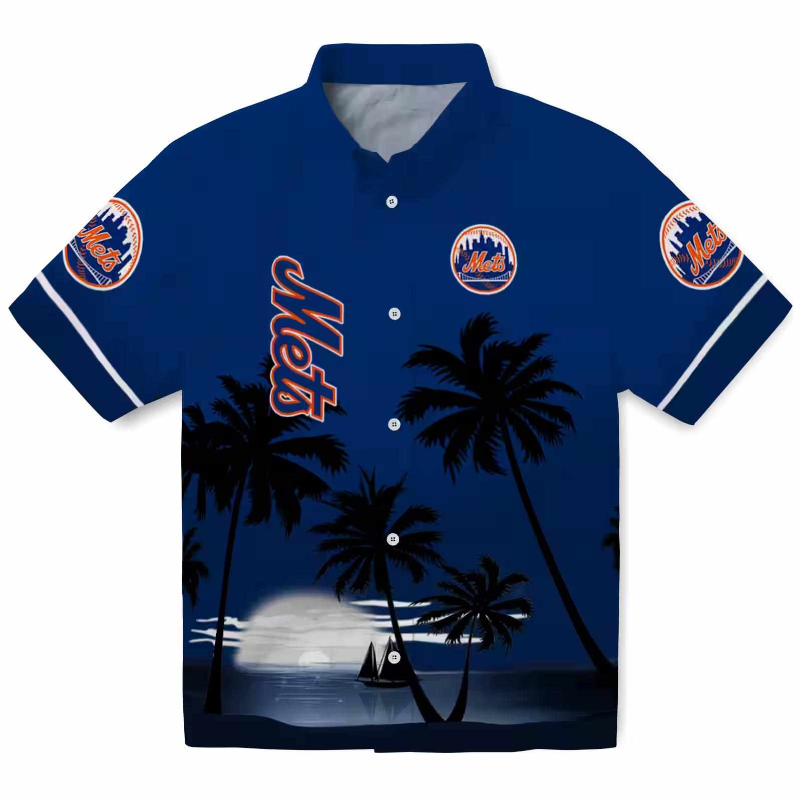 New York Mets Beach Sunset Blue Black Hawaiian Shirt