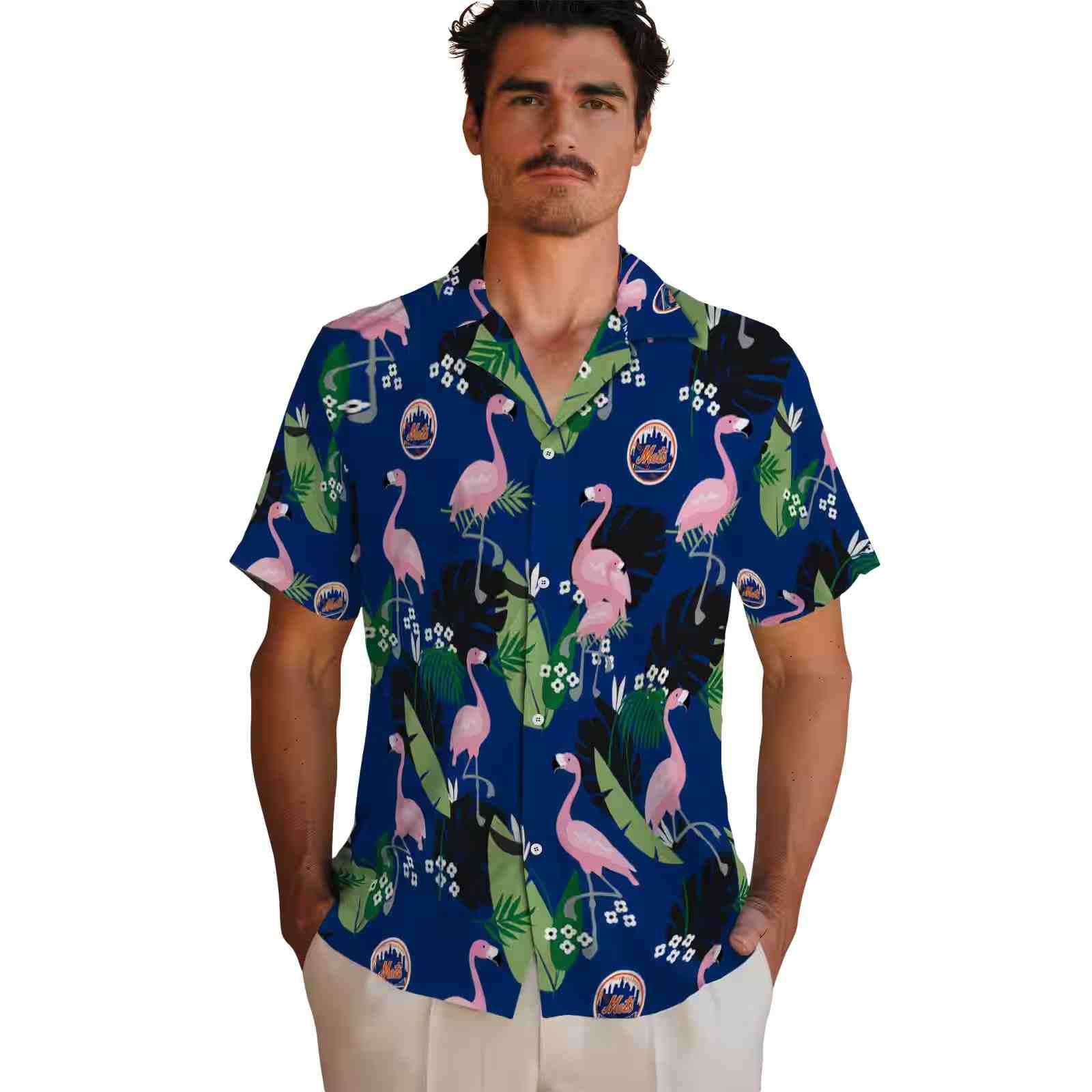 new york mets flamingo leaf motif blue hawaiian shirt fashion forward