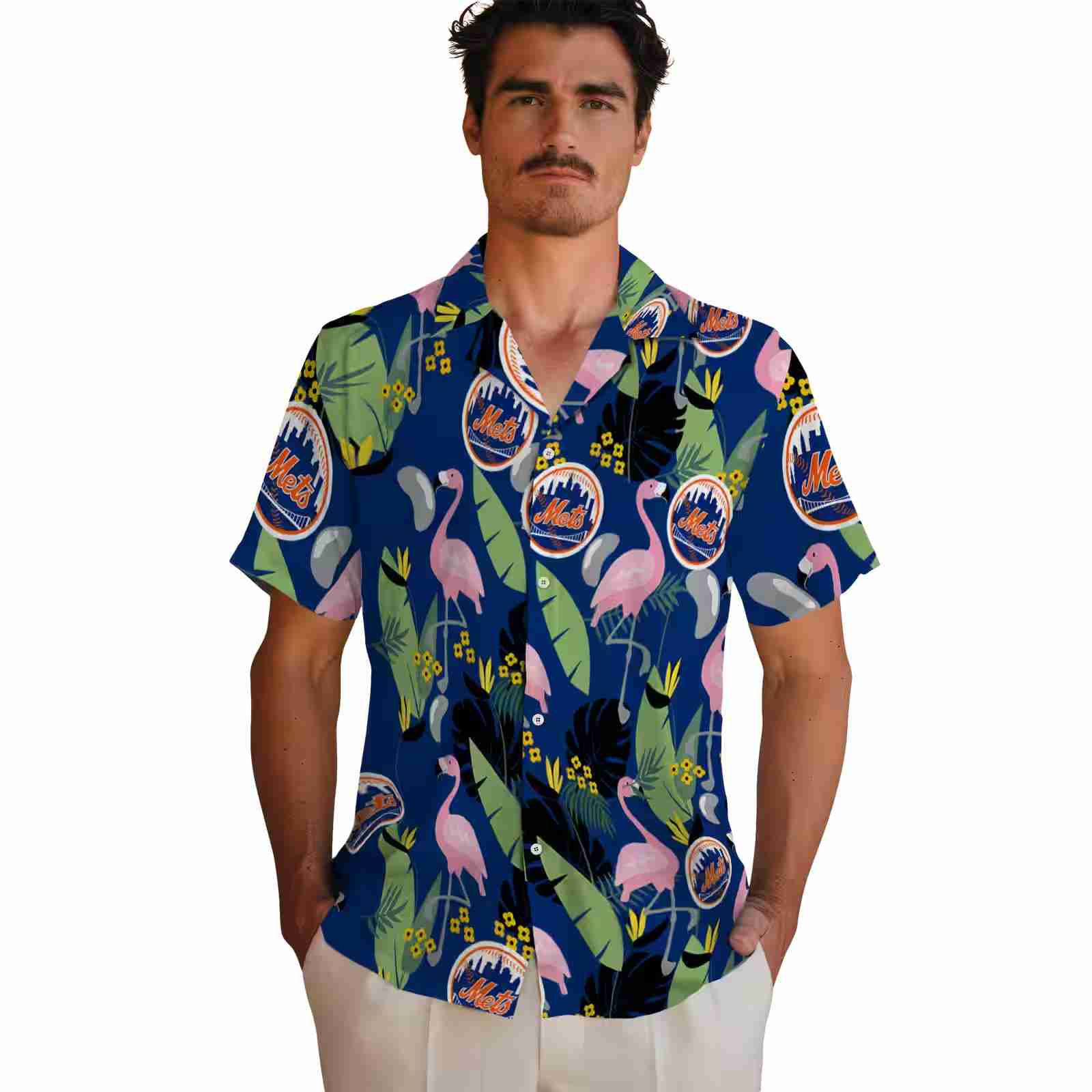 new york mets flamingo leaves blue hawaiian shirt fashion forward