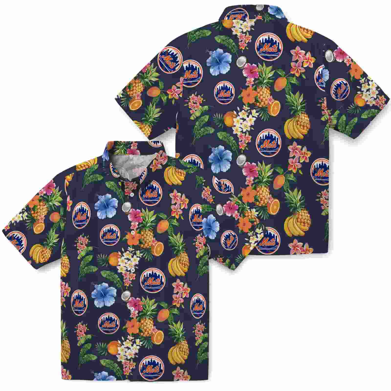 new york mets hibiscus and fruit navy blue hawaiian shirt high quality