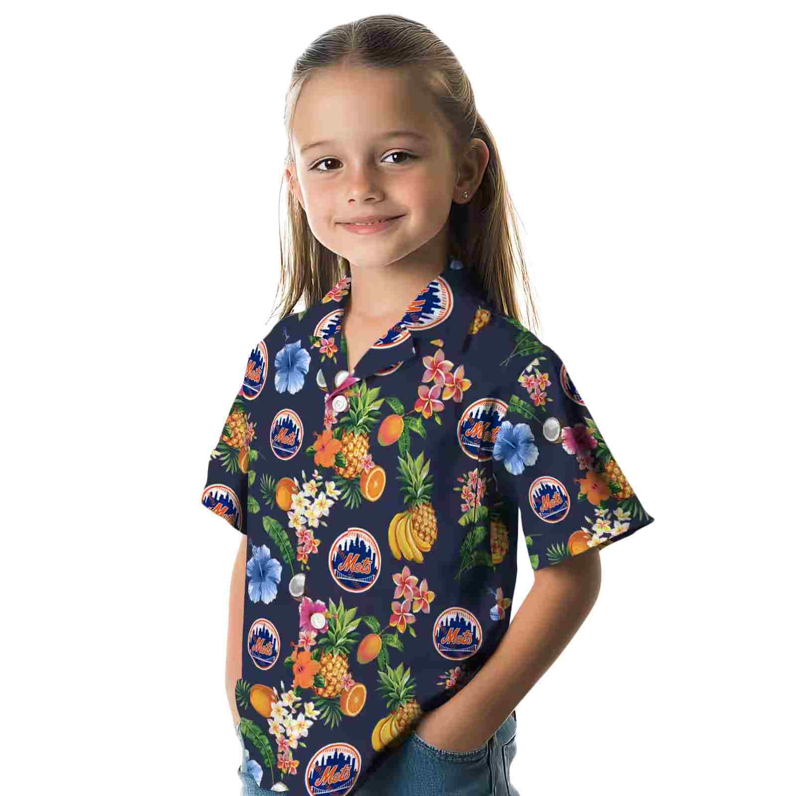 new york mets hibiscus and fruit navy blue hawaiian shirt premium grade