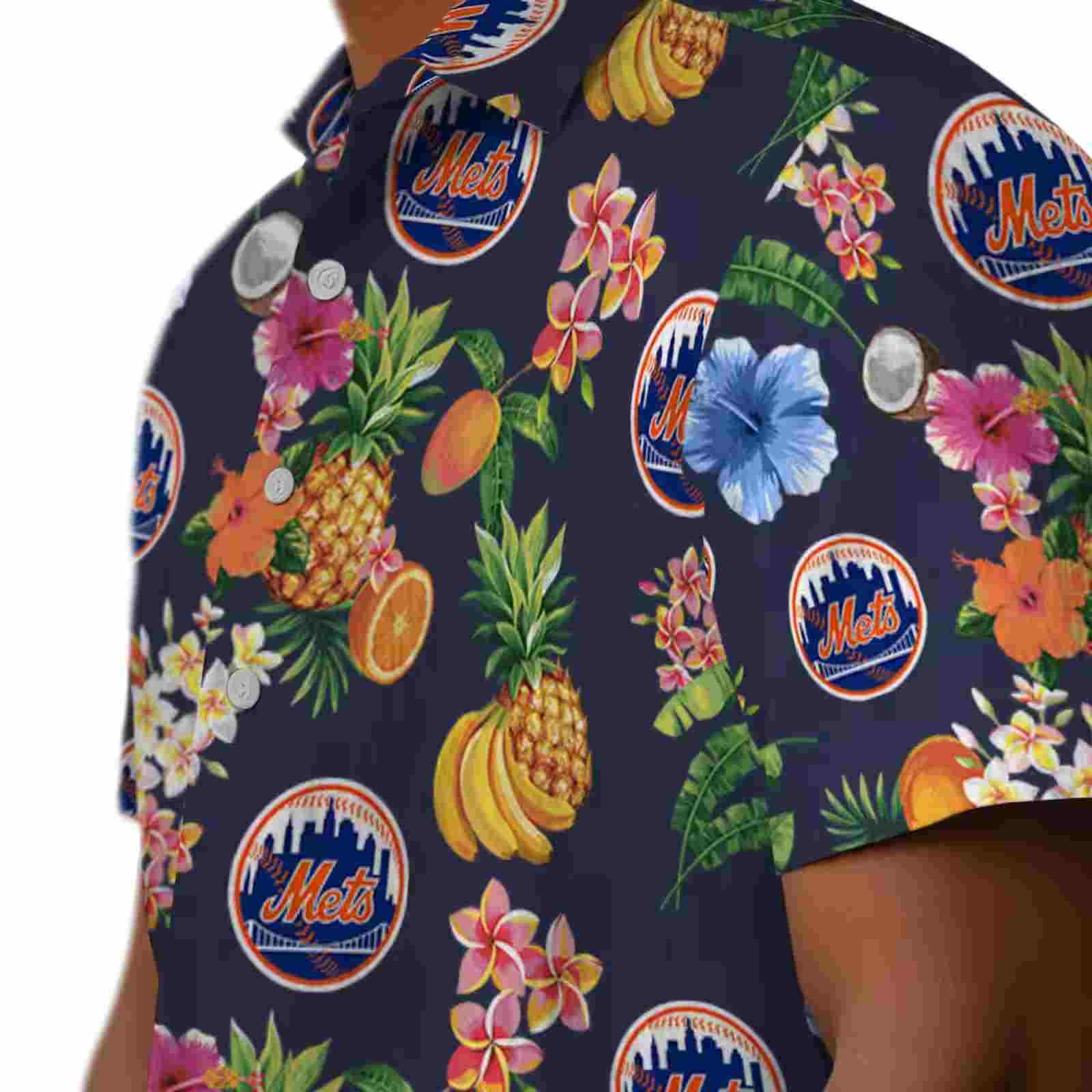 new york mets hibiscus and fruit navy blue hawaiian shirt trendy