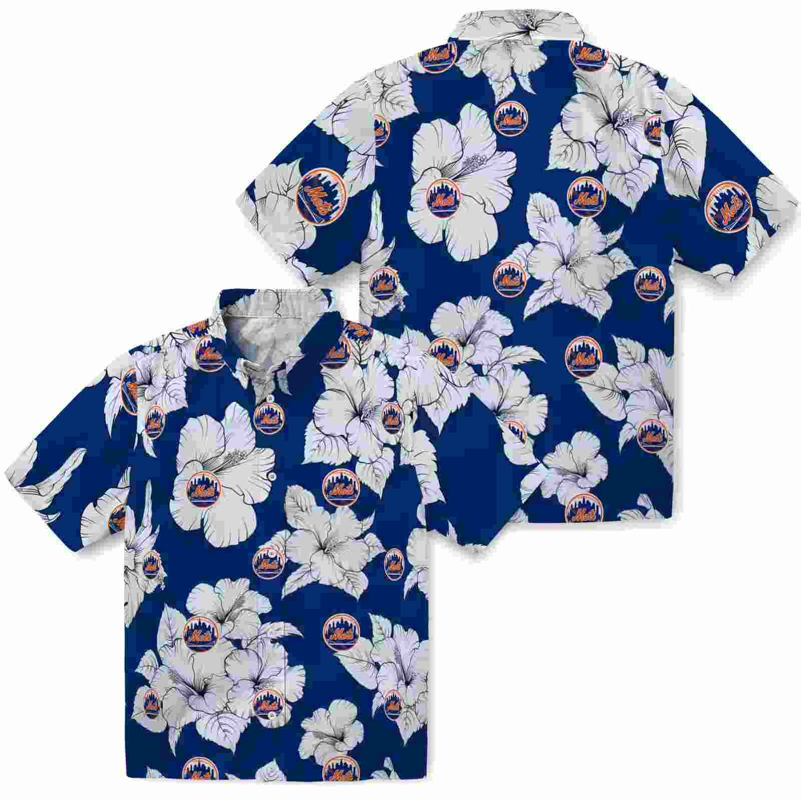 new york mets hibiscus blooms blue white hawaiian shirt high quality