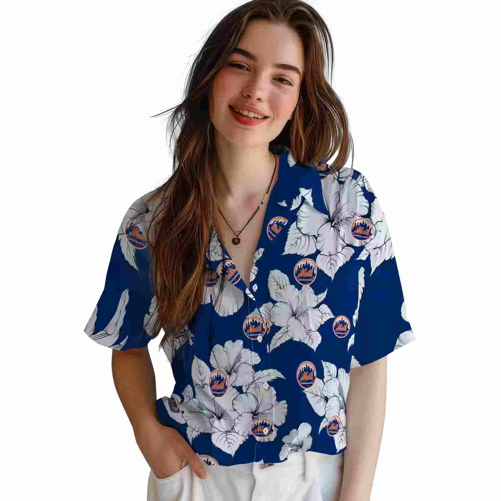 new york mets hibiscus blooms blue white hawaiian shirt latest model