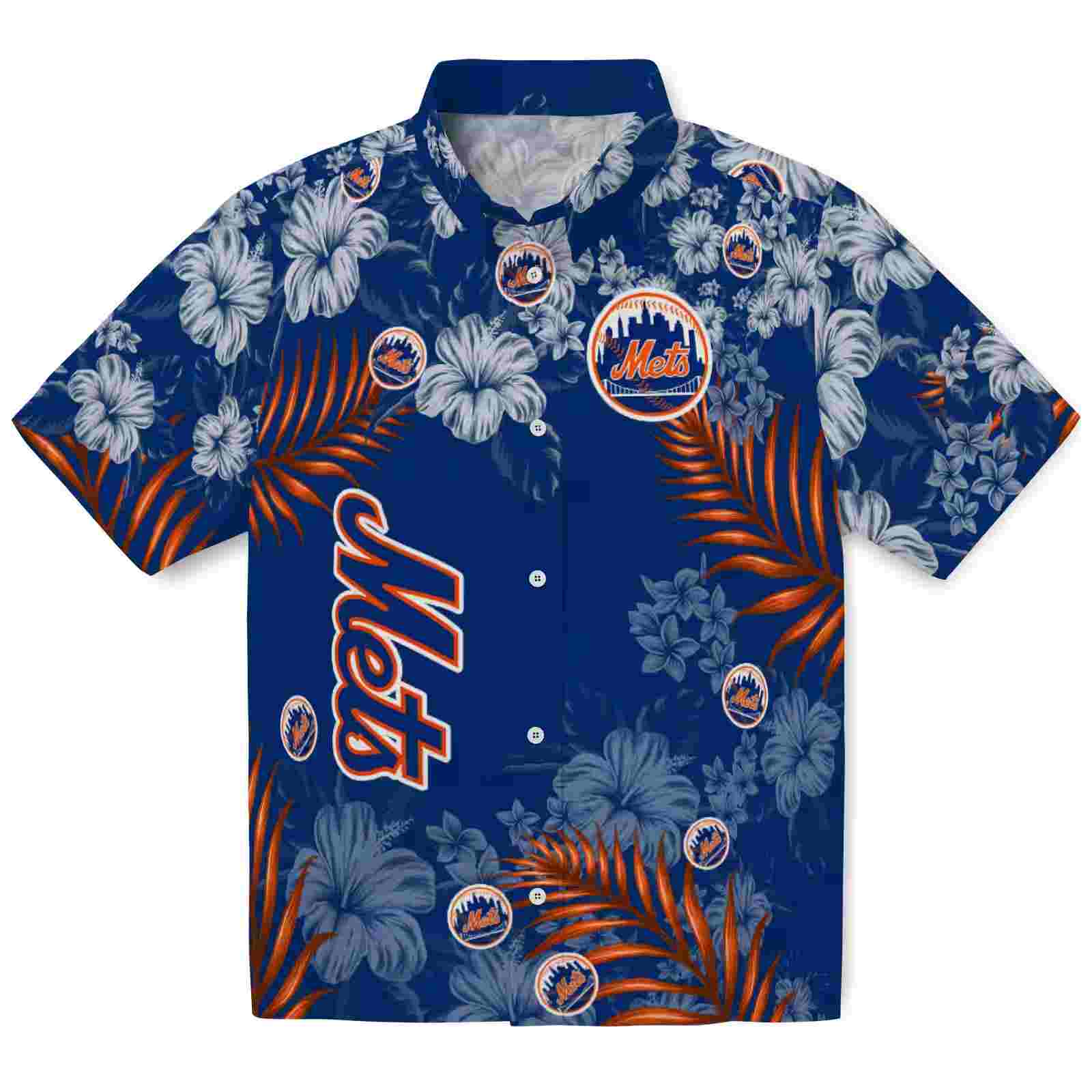 New York Mets Hibiscus Print Blue Hawaiian Shirt