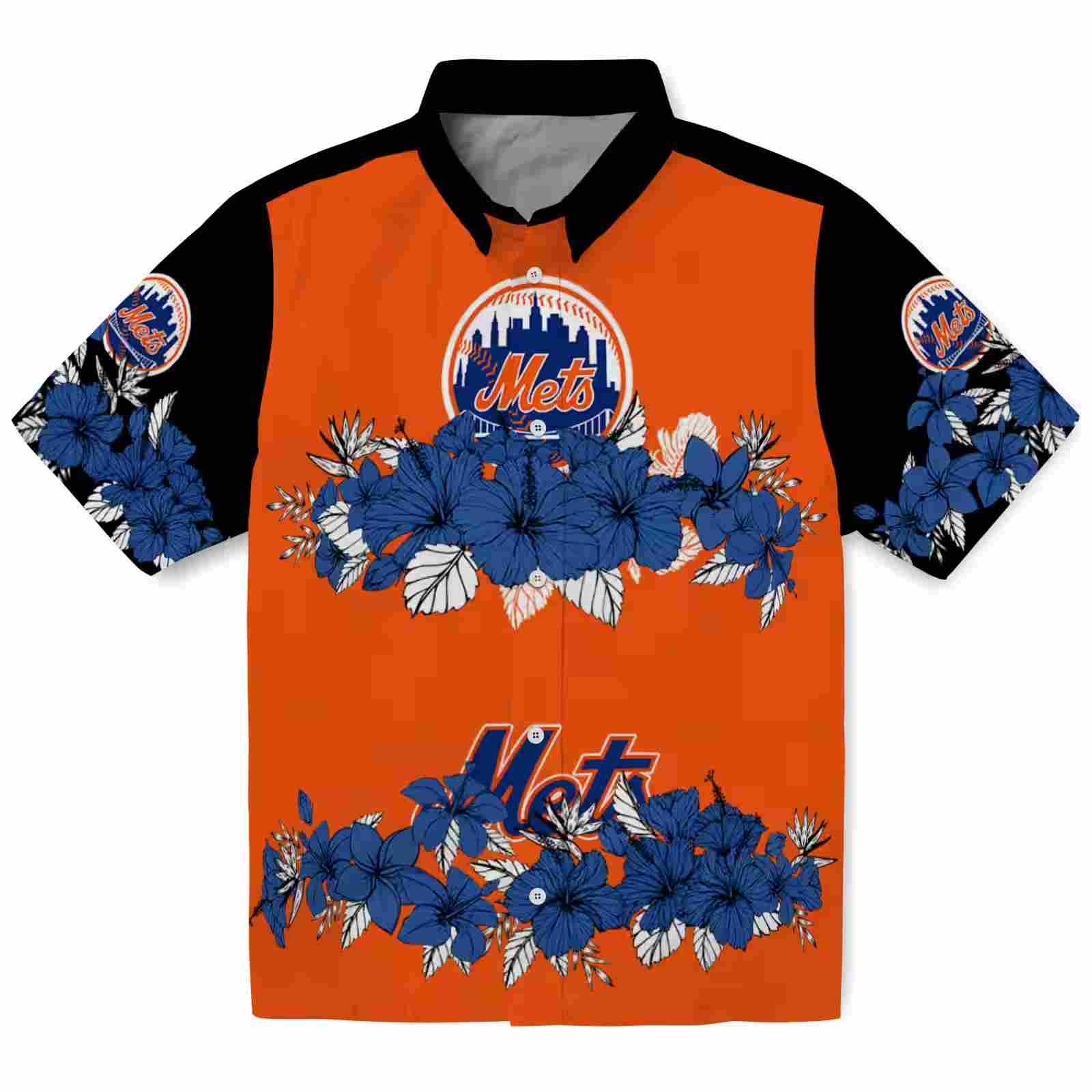 New York Mets Hibiscus Stripe Blue Black Hawaiian Shirt