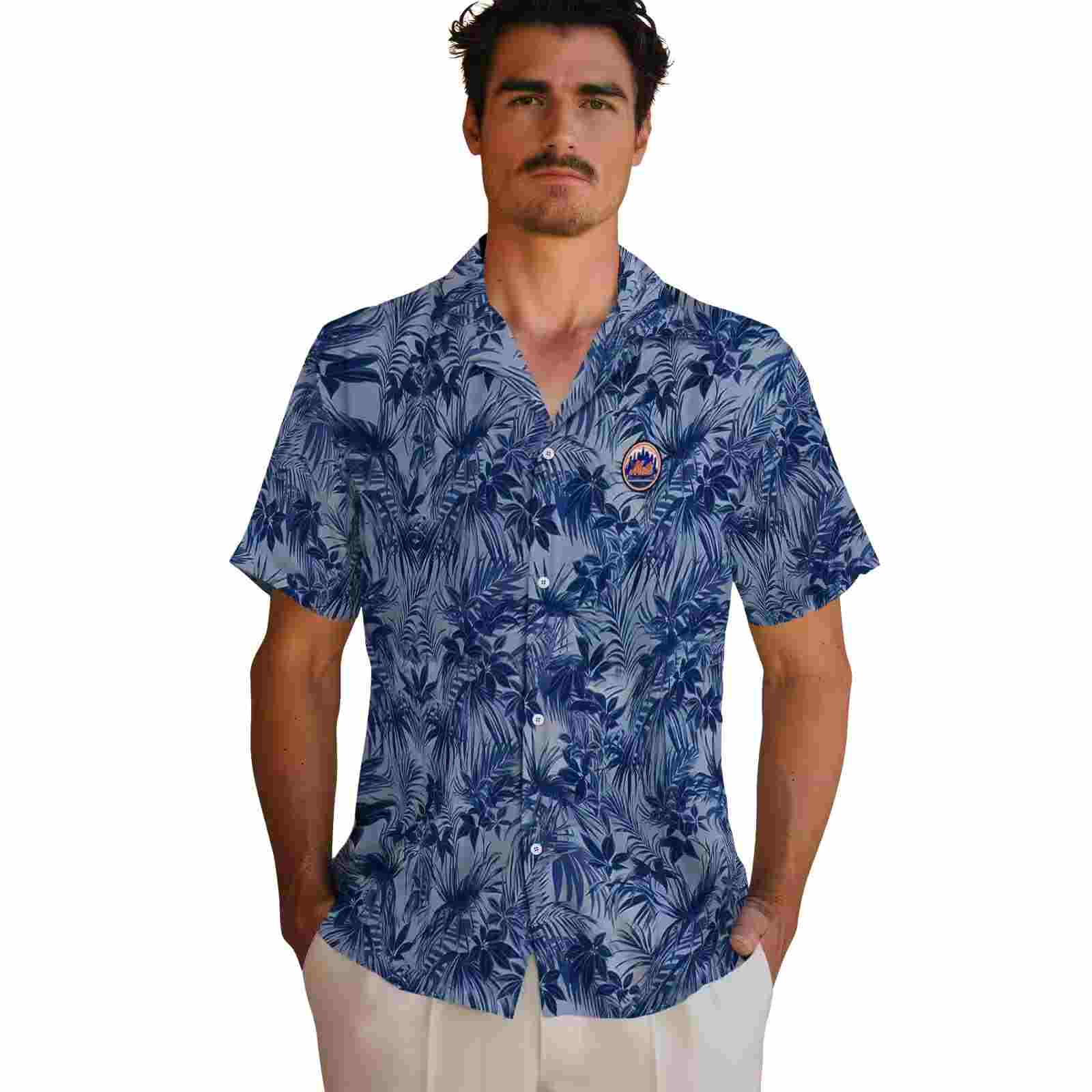 new york mets leafy pattern blue hawaiian shirt fashion forward