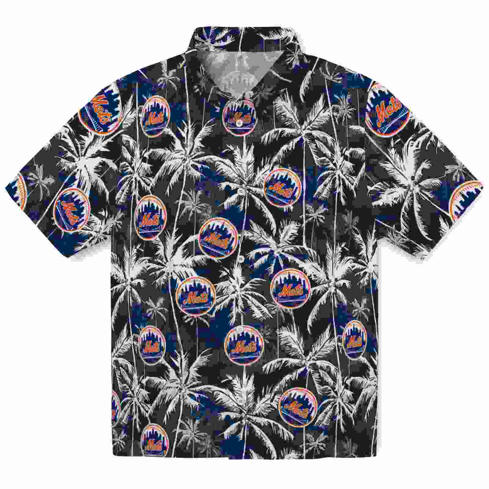 New York Mets Palm Pattern Blue Black Hawaiian Shirt