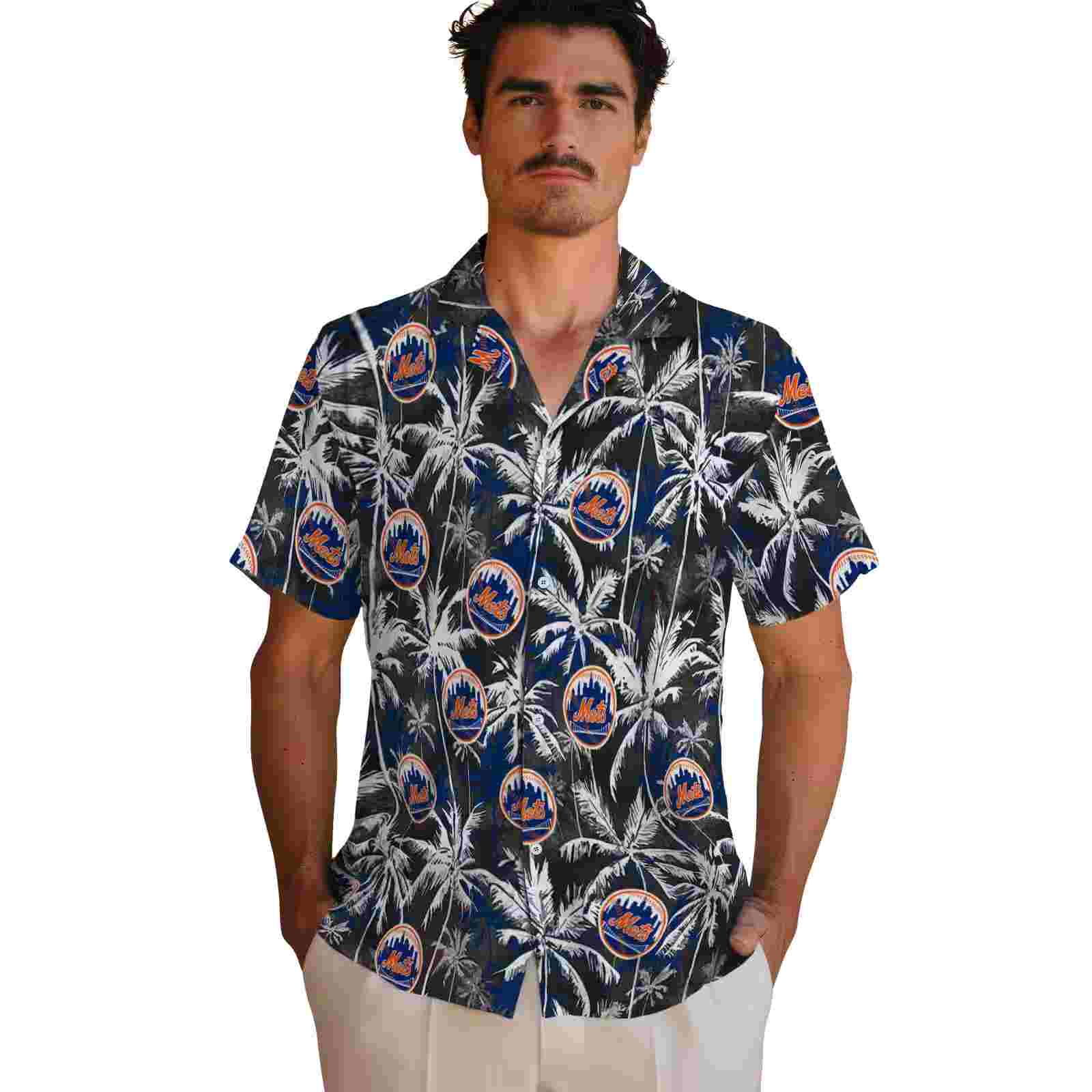 new york mets palm pattern blue black hawaiian shirt fashion forward