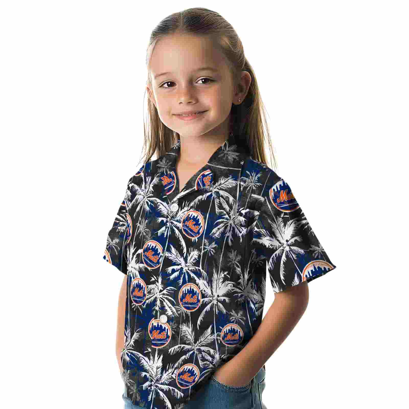 new york mets palm pattern blue black hawaiian shirt premium grade