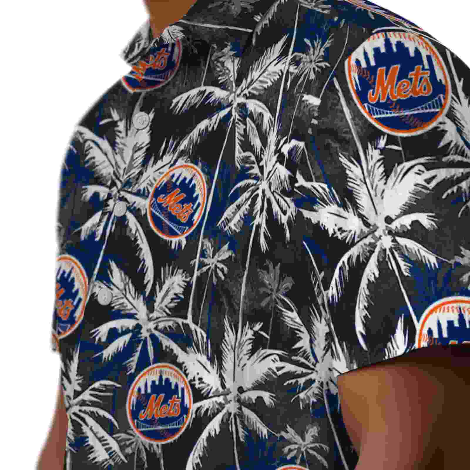 new york mets palm pattern blue black hawaiian shirt trendy