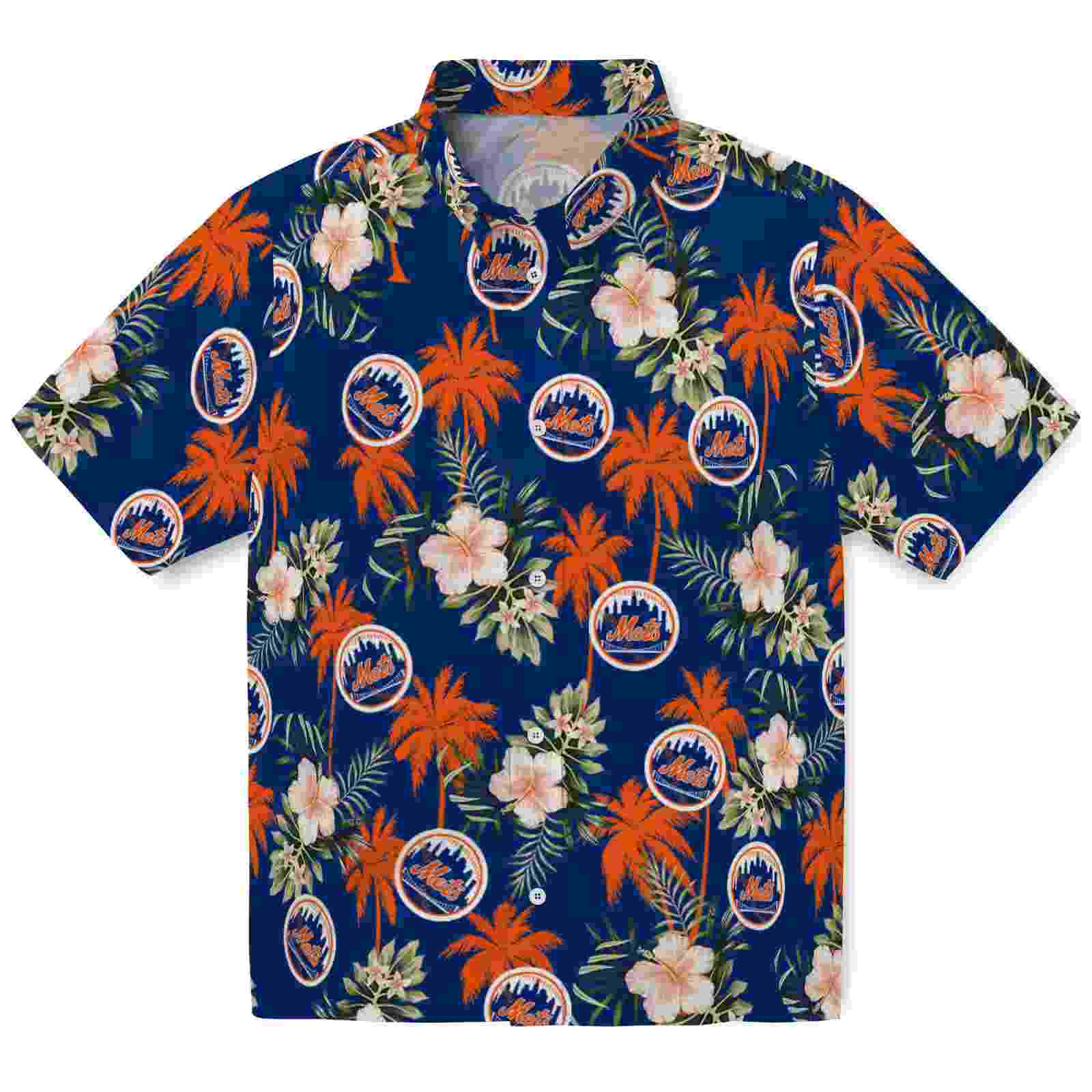 New York Mets Palm Tree Flower Blue Hawaiian Shirt