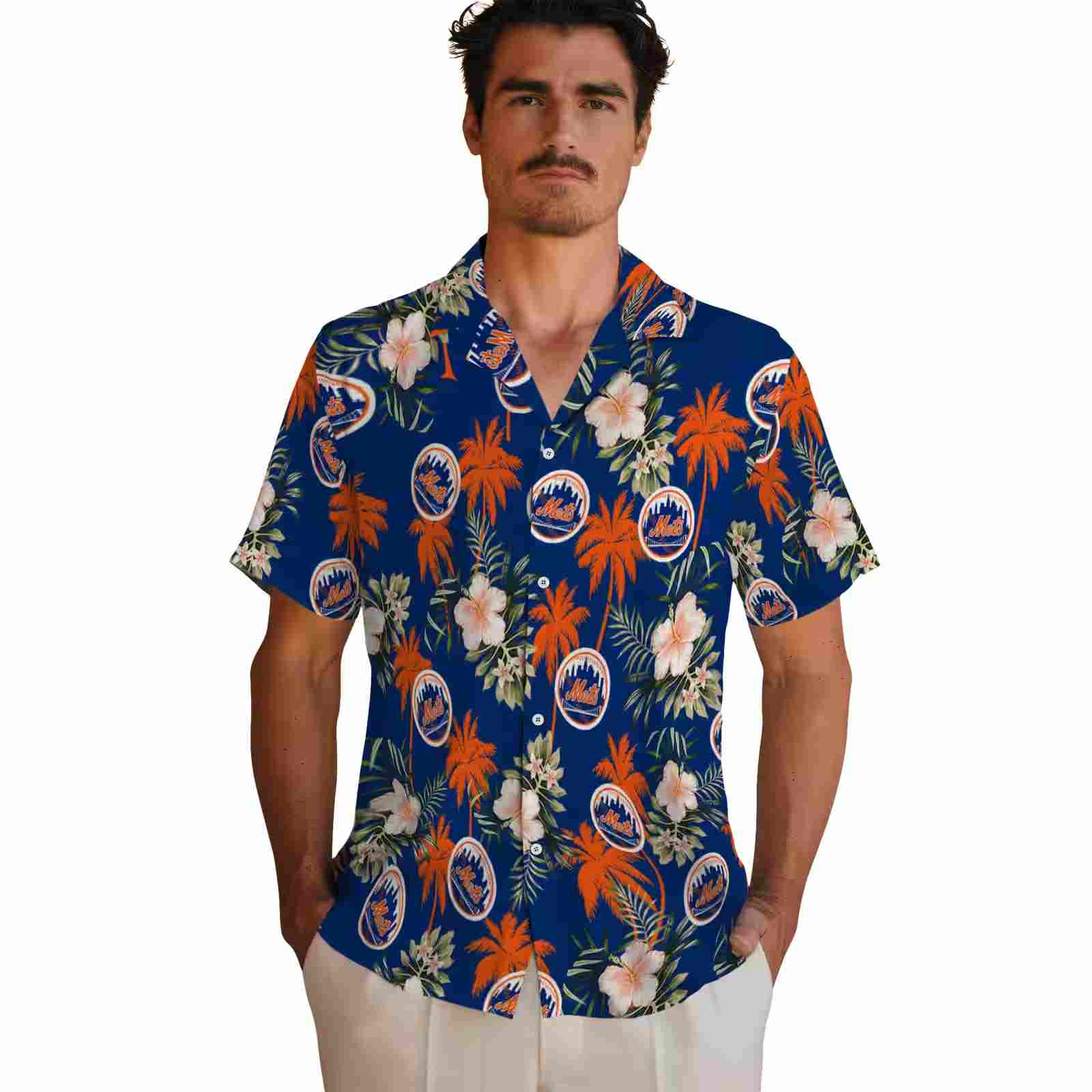 new york mets palm tree flower blue hawaiian shirt fashion forward