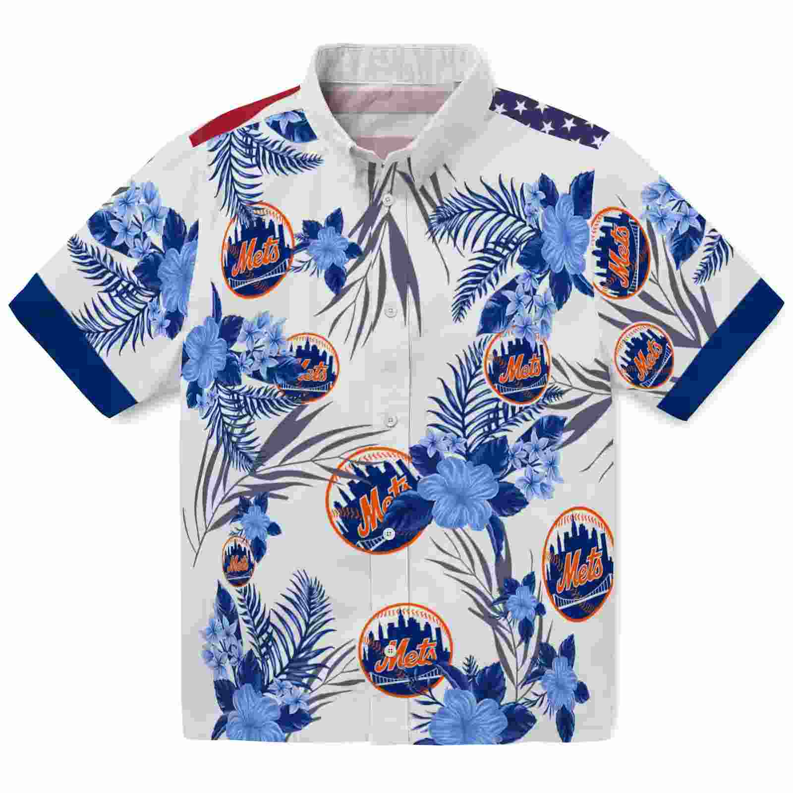 New York Mets Patriotic Hibiscus Design Blue White Hawaiian Shirt