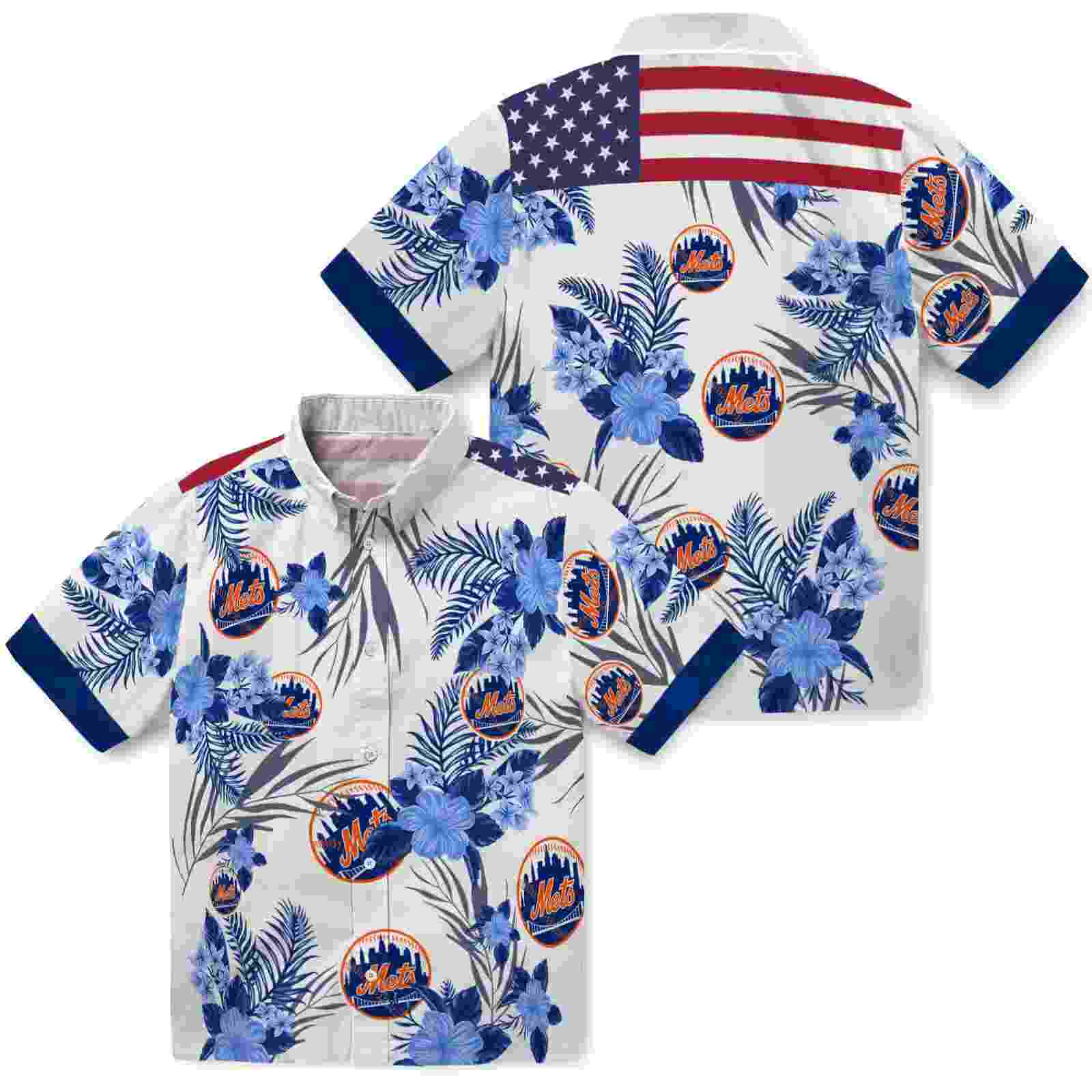 new york mets patriotic hibiscus design blue white hawaiian shirt high quality