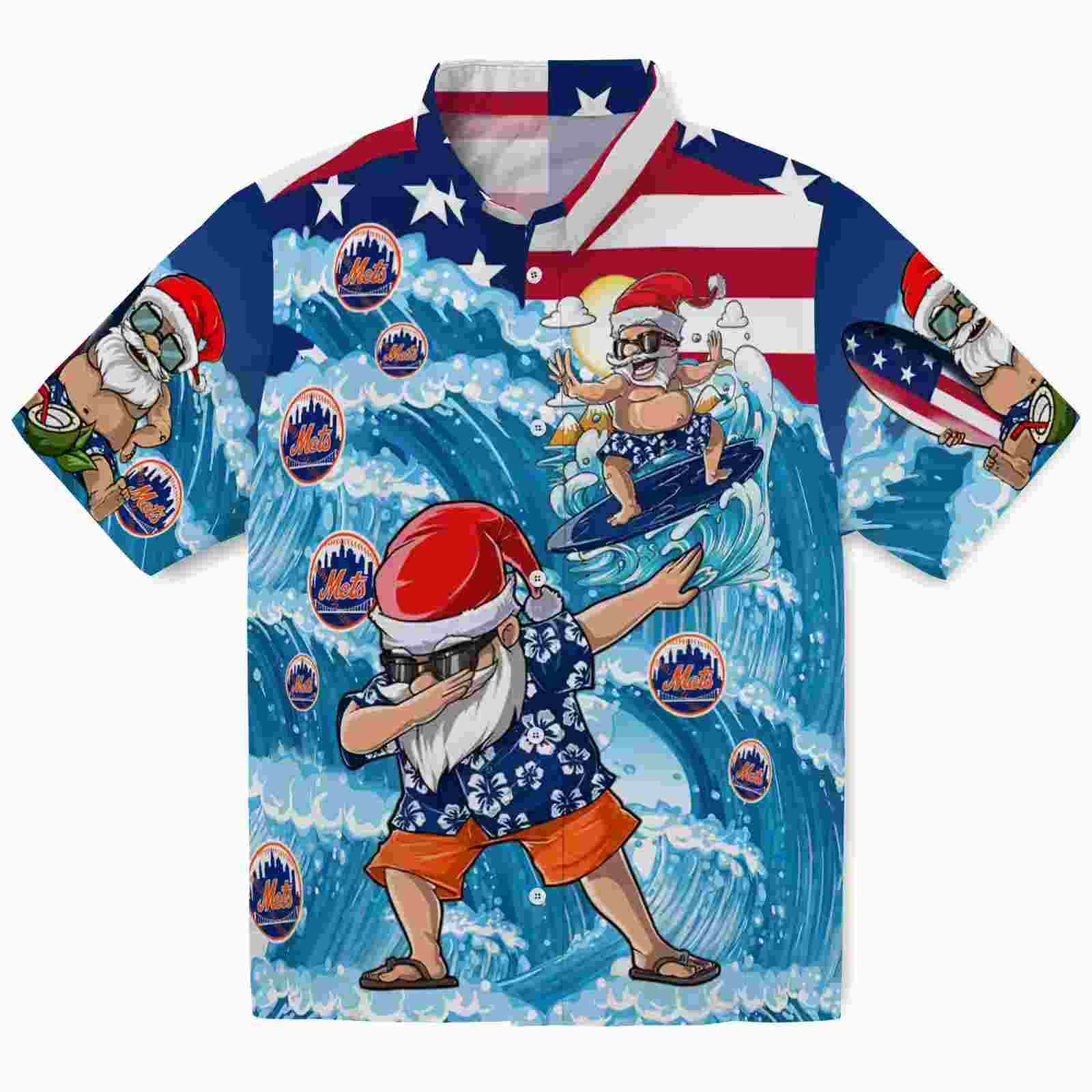 New York Mets Surfing Santa Blue Hawaiian Shirt