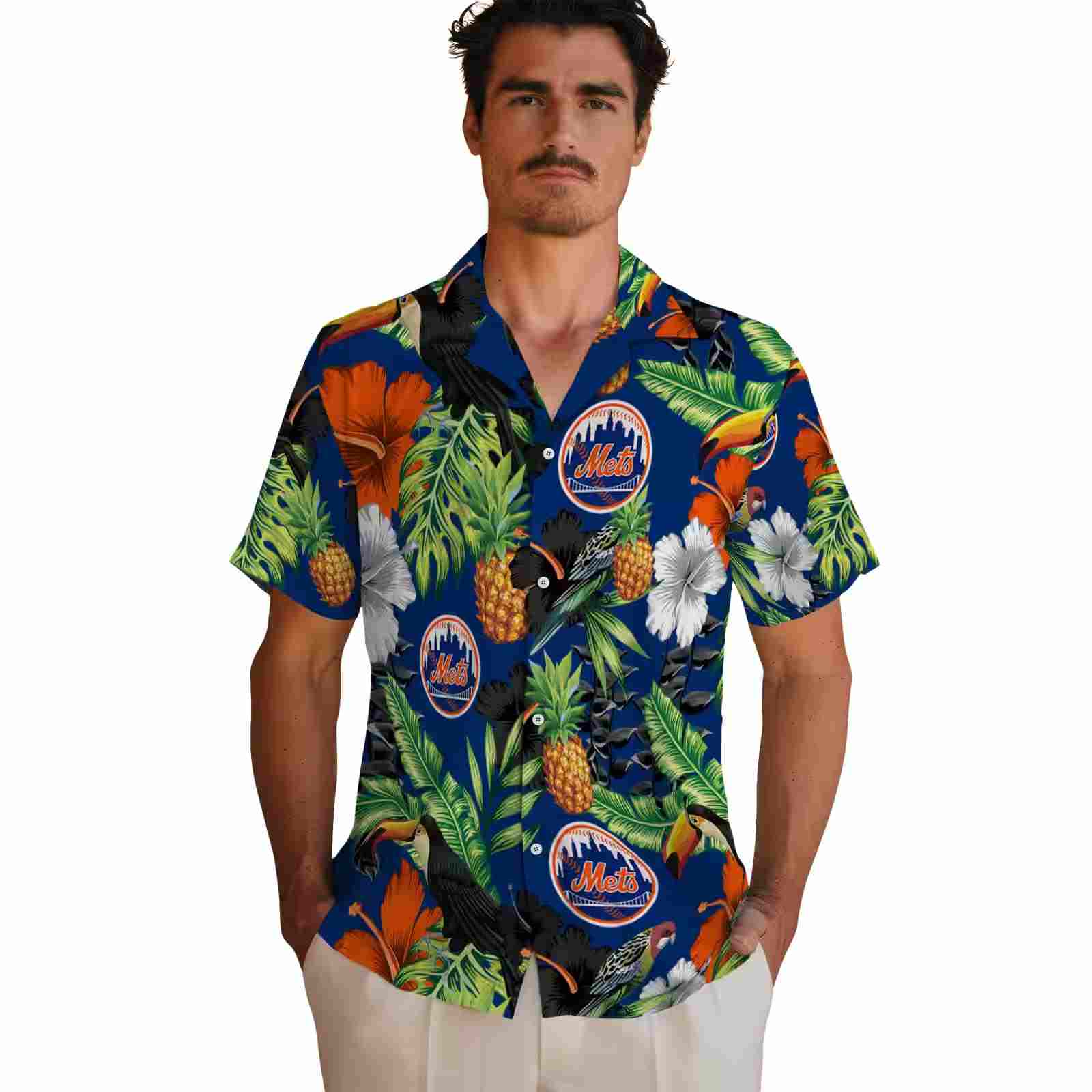 new york mets toucan hibiscus pineapple blue green hawaiian shirt fashion forward