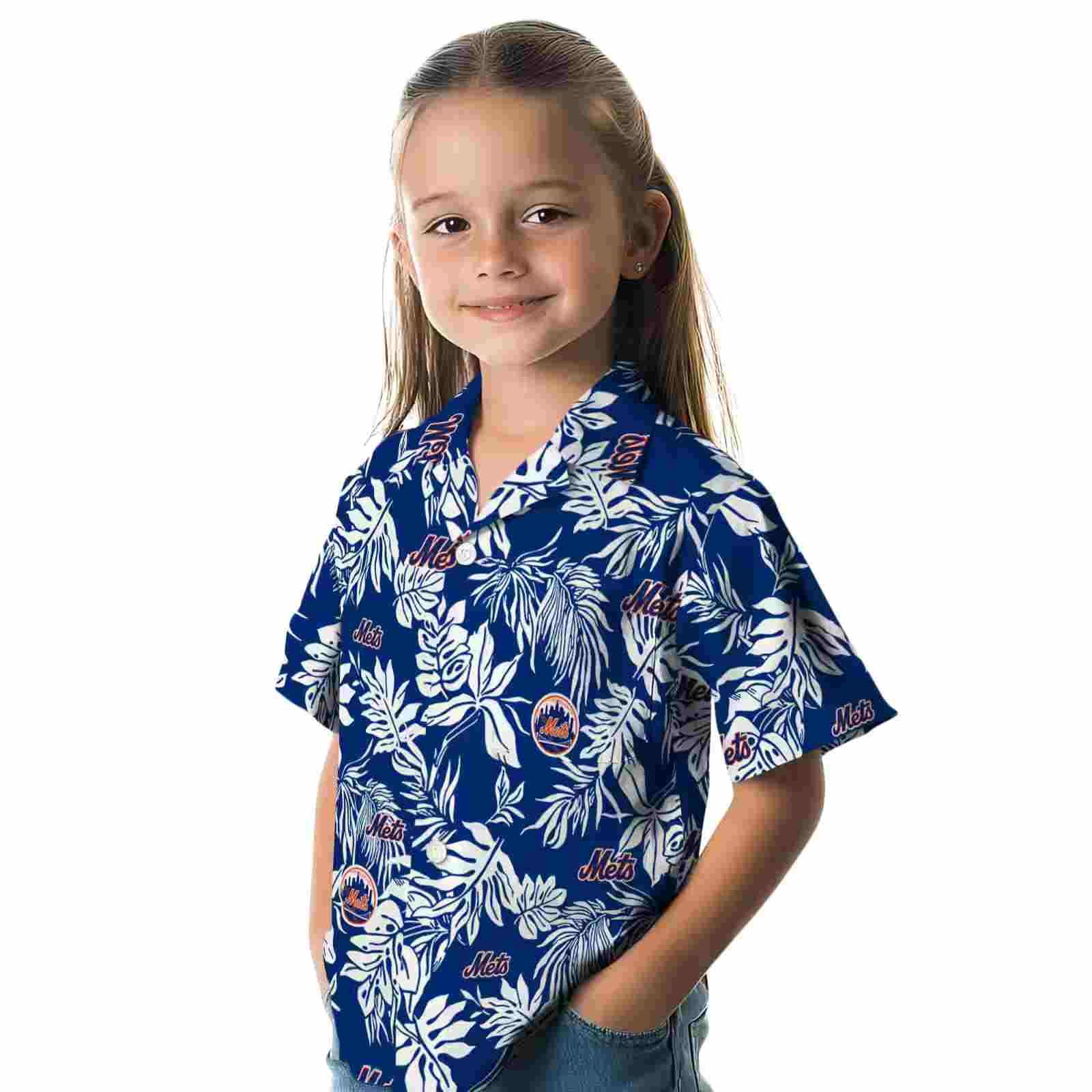 new york mets tropical leaf blue white hawaiian shirt premium grade