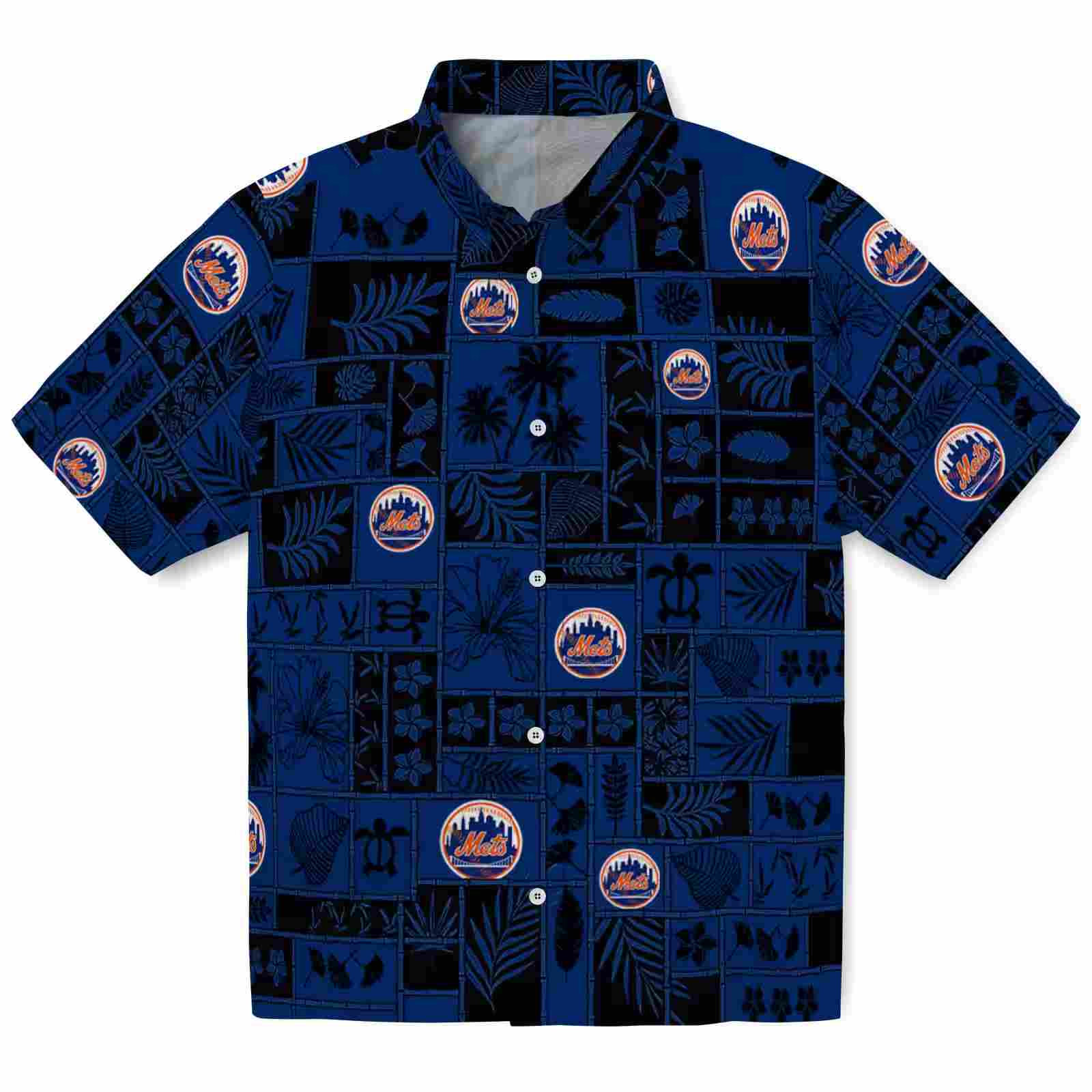 New York Mets Tropical Patchwork Blue Black Hawaiian Shirt