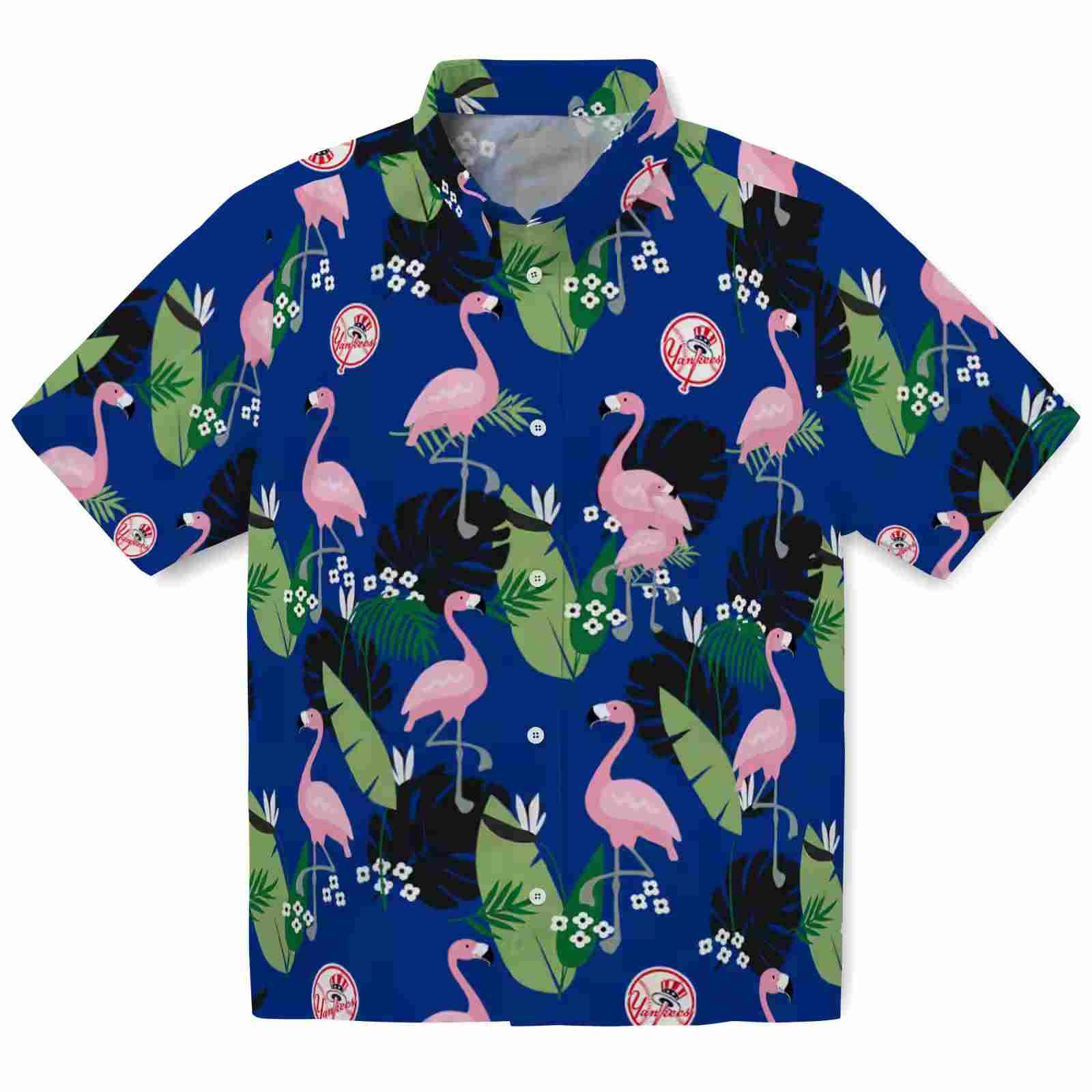 New York Yankees Flamingo Leaf Motif Navy Hawaiian Shirt