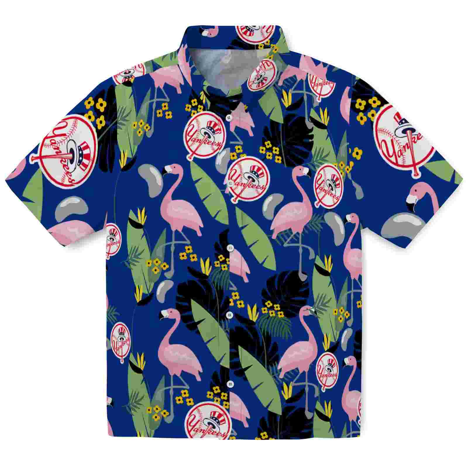 New York Yankees Flamingo Leaves Navy Hawaiian Shirt