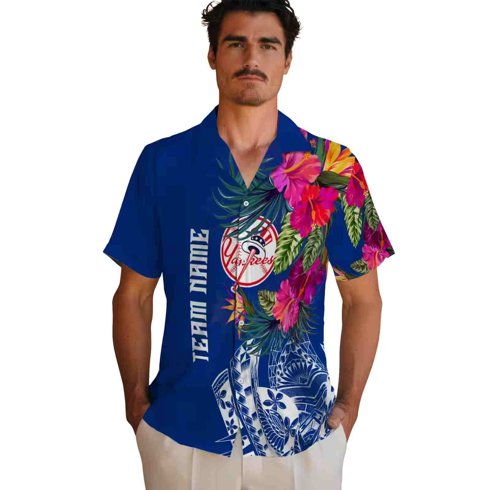 new york yankees floral polynesian navy hawaiian shirt fashion forward