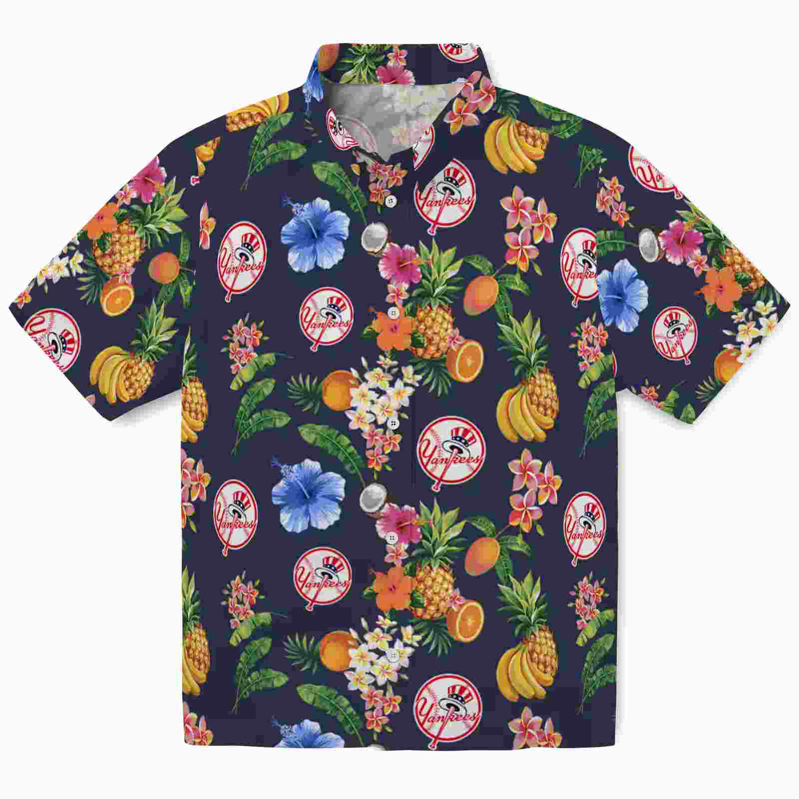 New York Yankees Hibiscus And Fruit Navy Blue Hawaiian Shirt