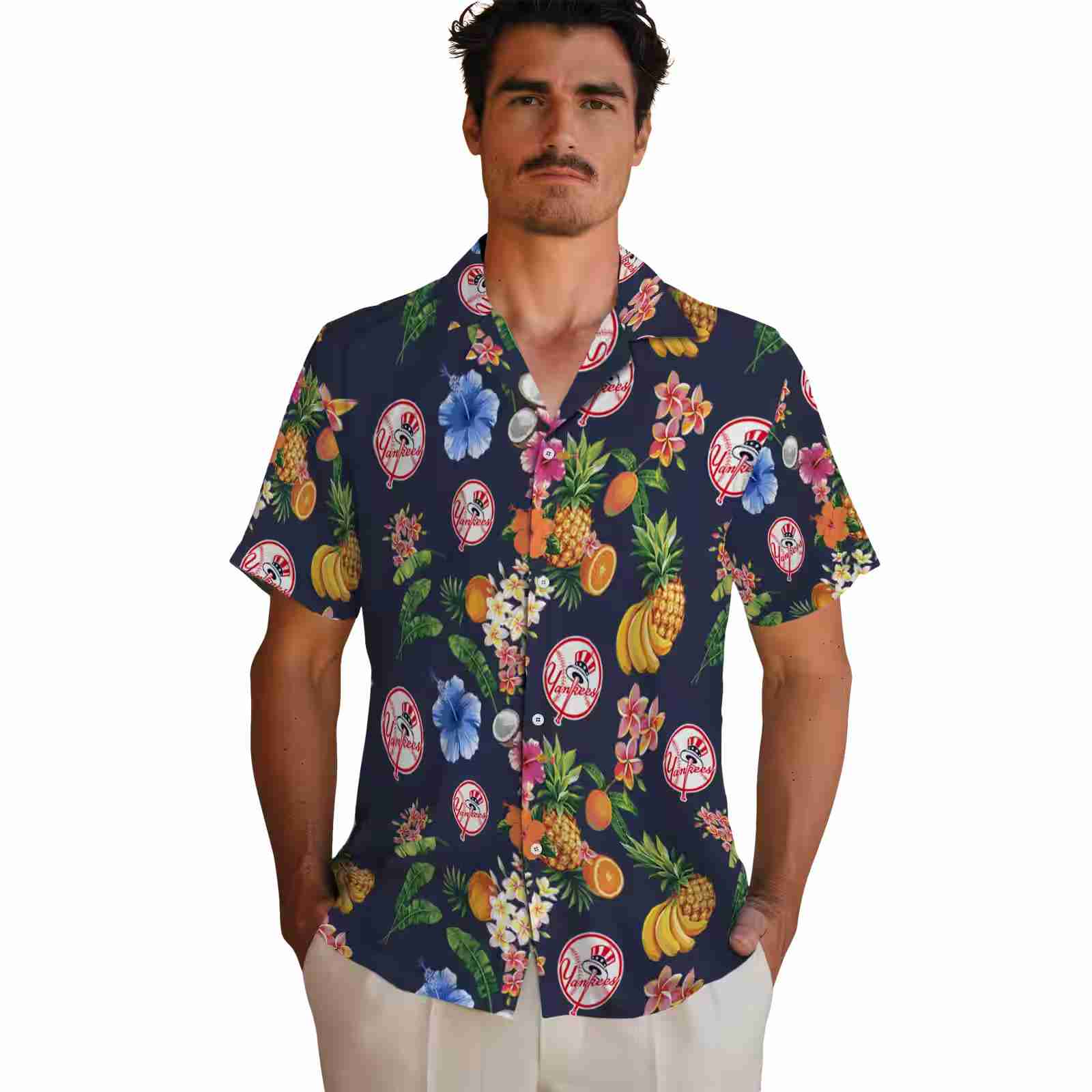 new york yankees hibiscus and fruit navy blue hawaiian shirt fashion forward