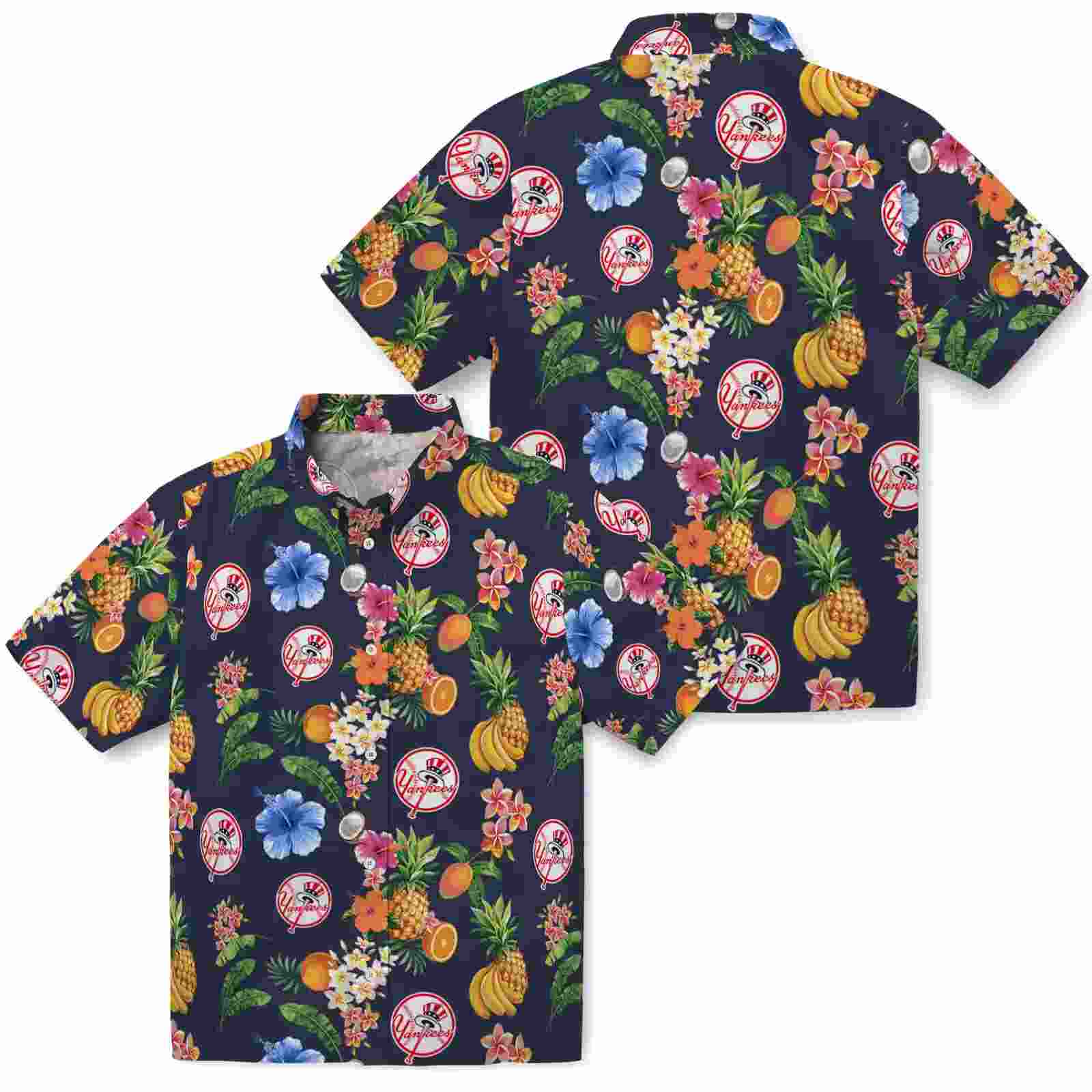 new york yankees hibiscus and fruit navy blue hawaiian shirt high quality