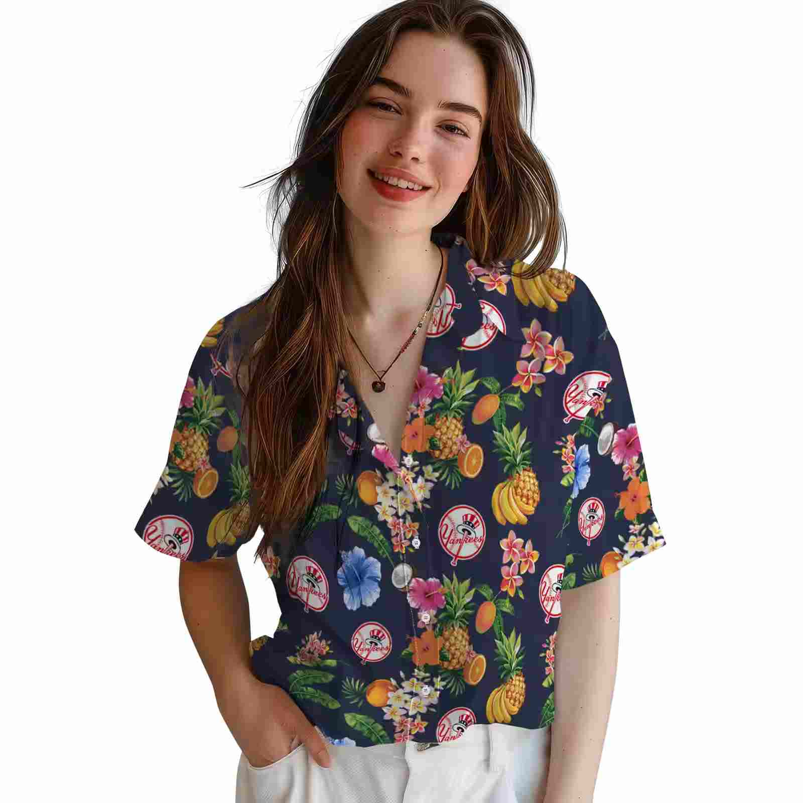 new york yankees hibiscus and fruit navy blue hawaiian shirt latest model