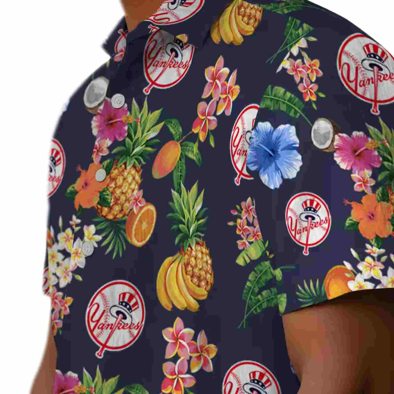 new york yankees hibiscus and fruit navy blue hawaiian shirt trendy