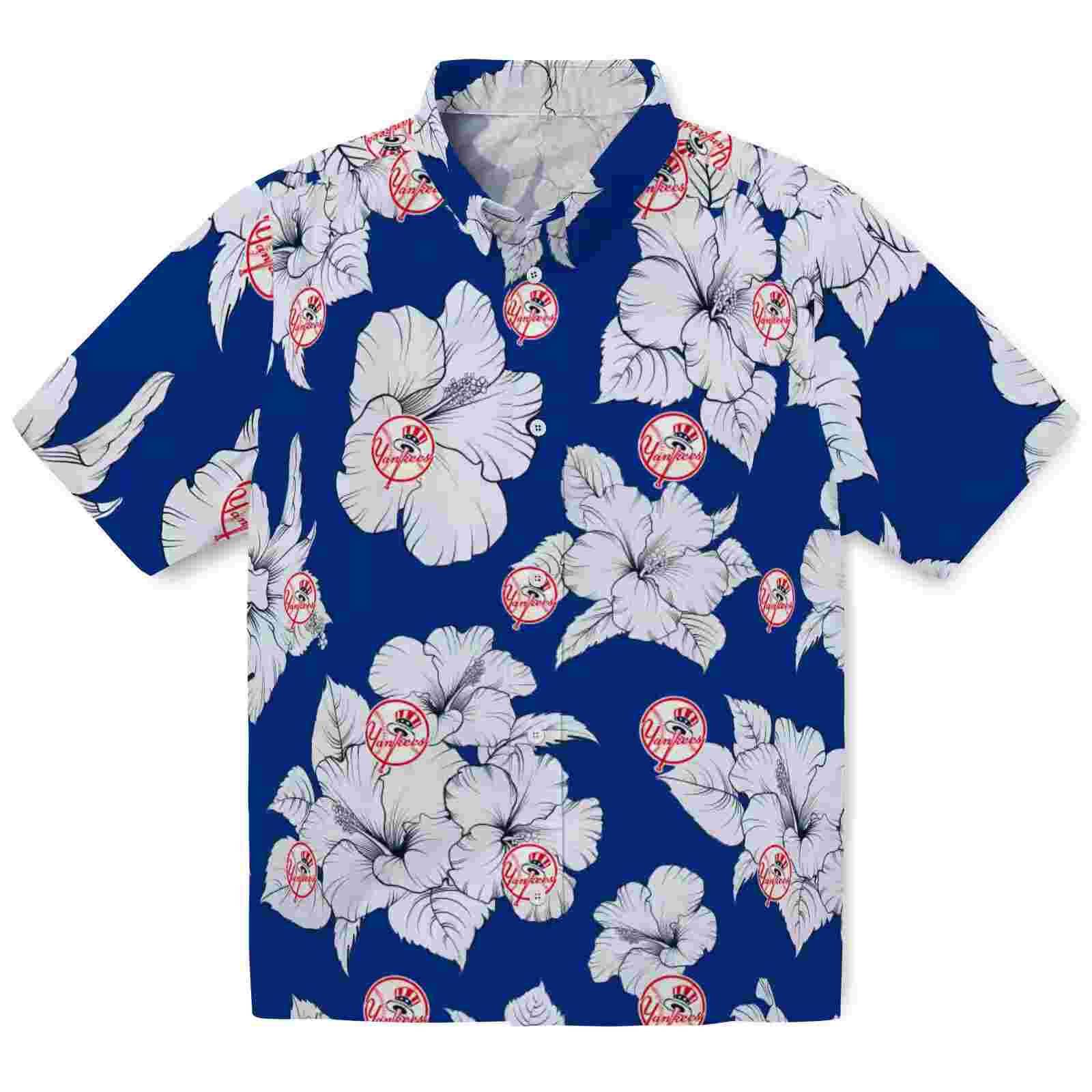 New York Yankees Hibiscus Blooms Navy White Hawaiian Shirt