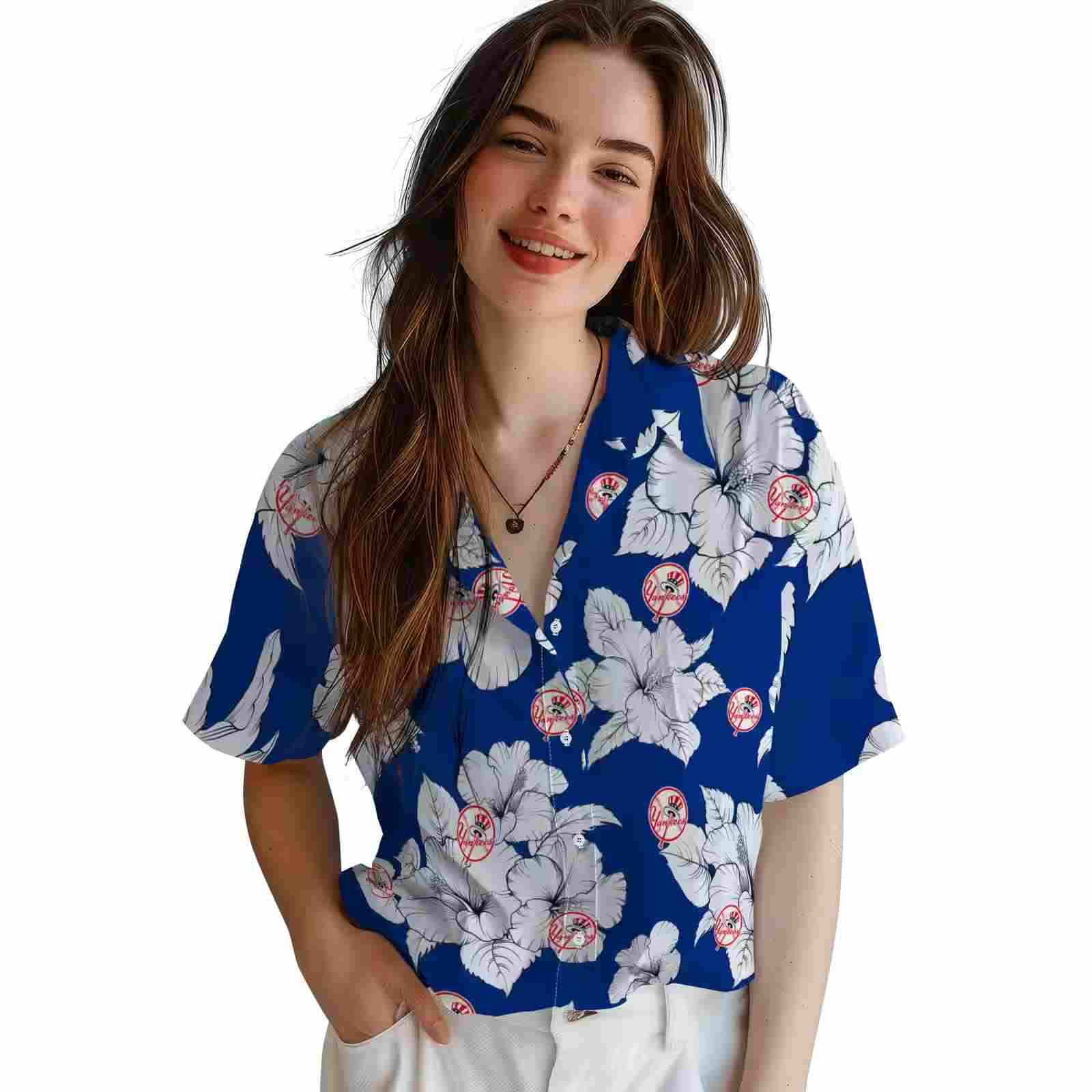 new york yankees hibiscus blooms navy white hawaiian shirt latest model