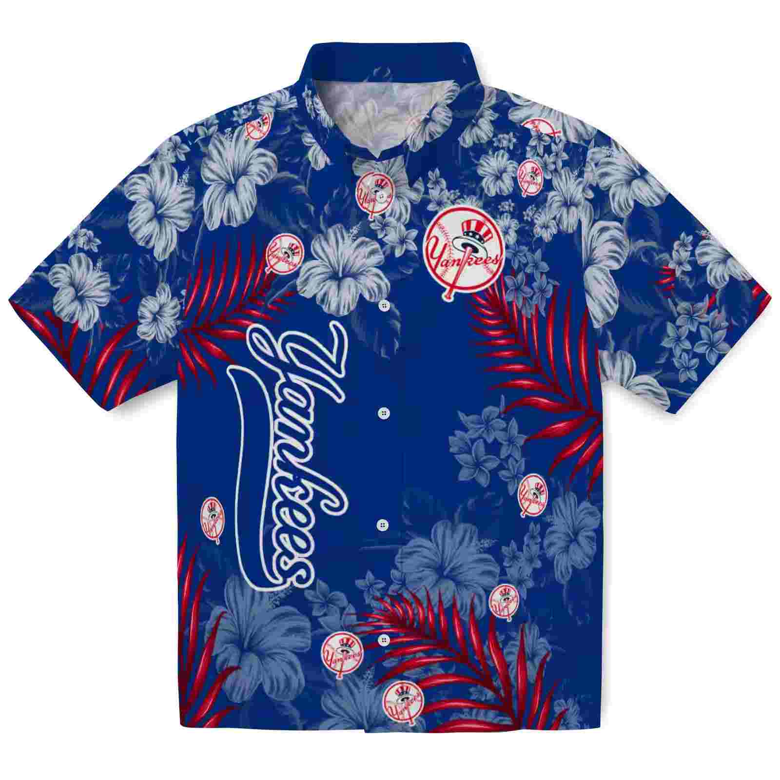 New York Yankees Hibiscus Print Navy Hawaiian Shirt