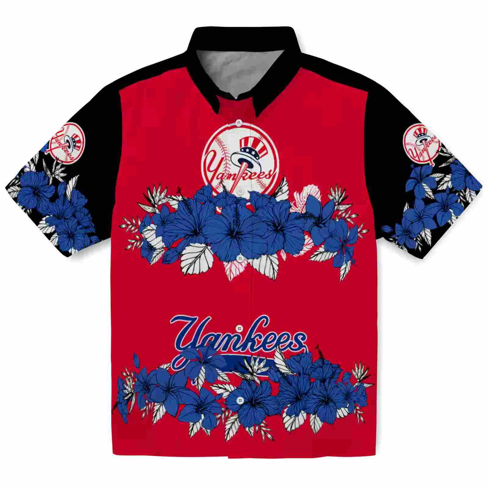 New York Yankees Hibiscus Stripe Navy Black Hawaiian Shirt