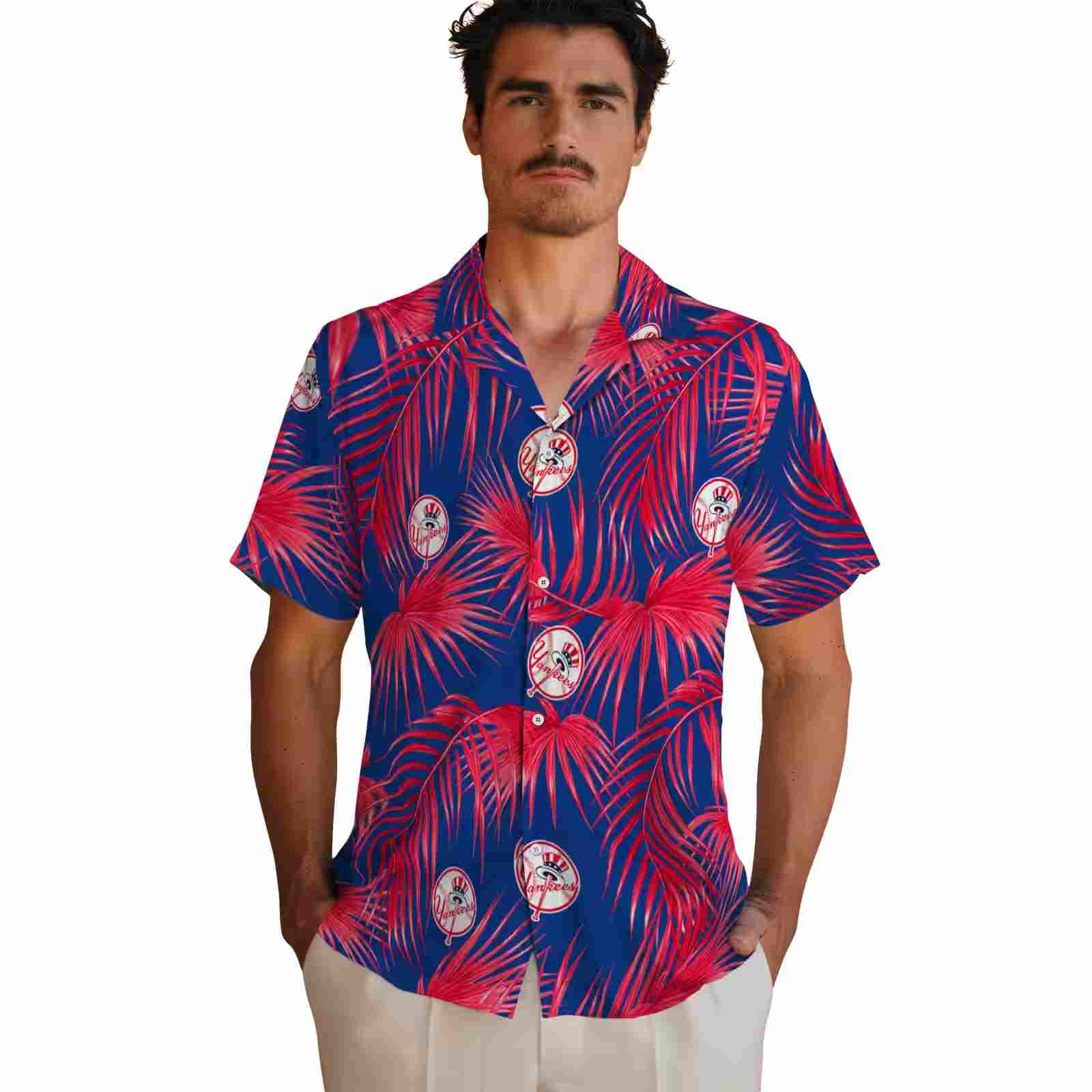 new york yankees leafy palms navy hawaiian shirt fashion forward