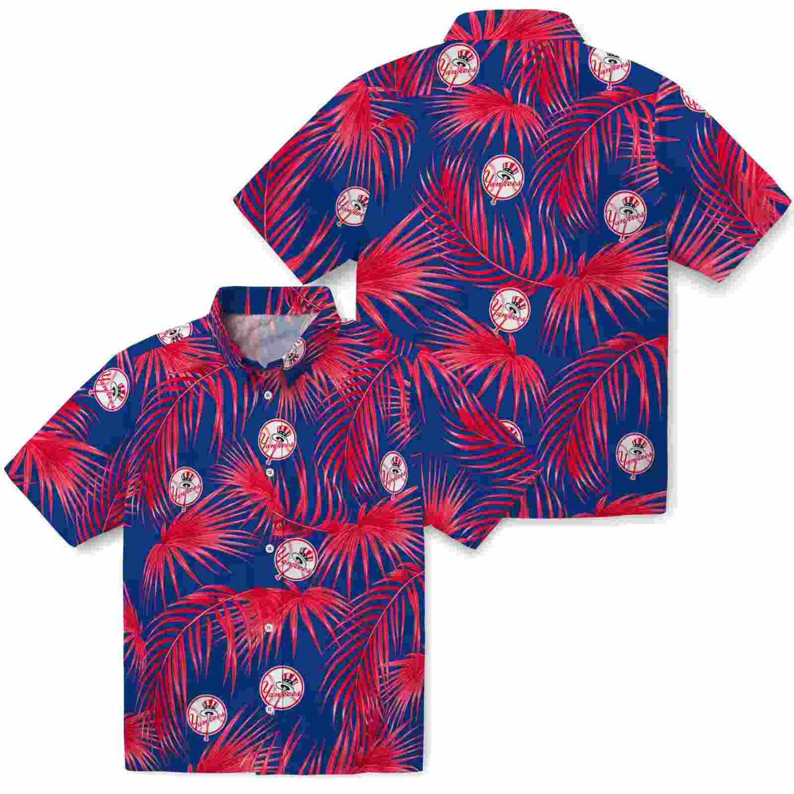 new york yankees leafy palms navy hawaiian shirt high quality