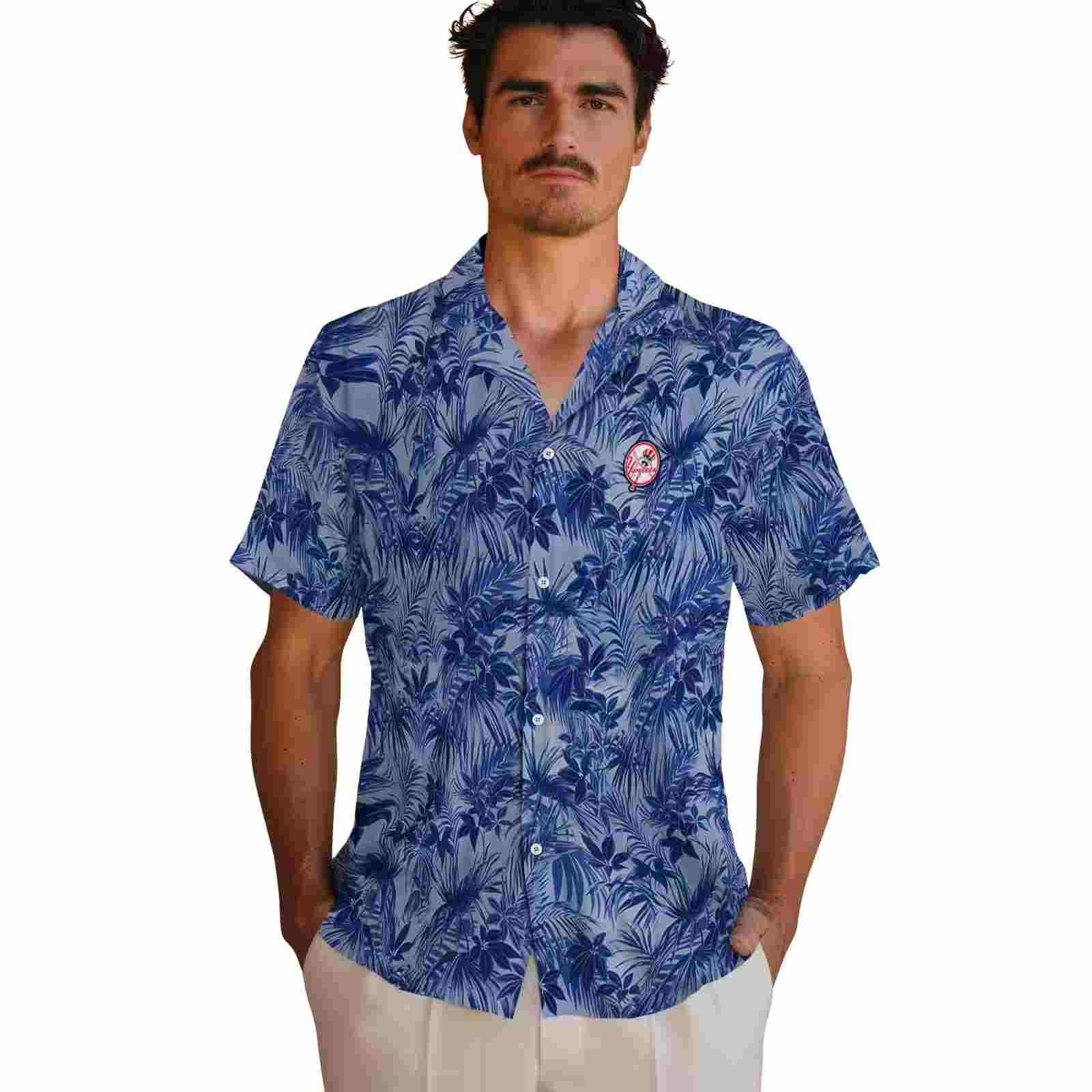 new york yankees leafy pattern navy hawaiian shirt fashion forward