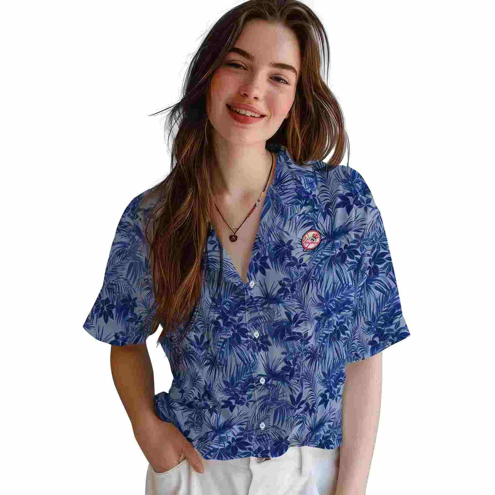 new york yankees leafy pattern navy hawaiian shirt latest model