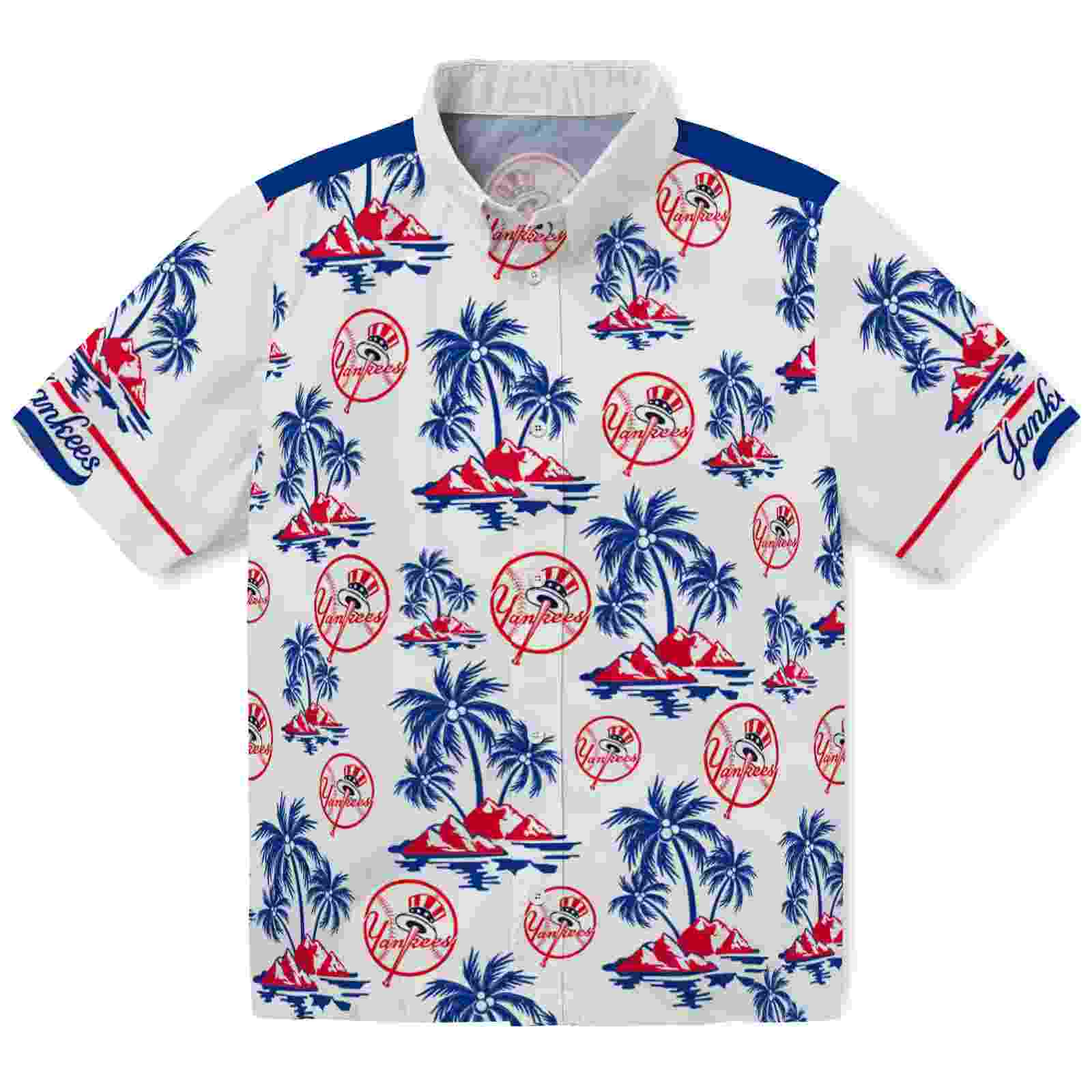 New York Yankees Palm Island Print Navy White Hawaiian Shirt