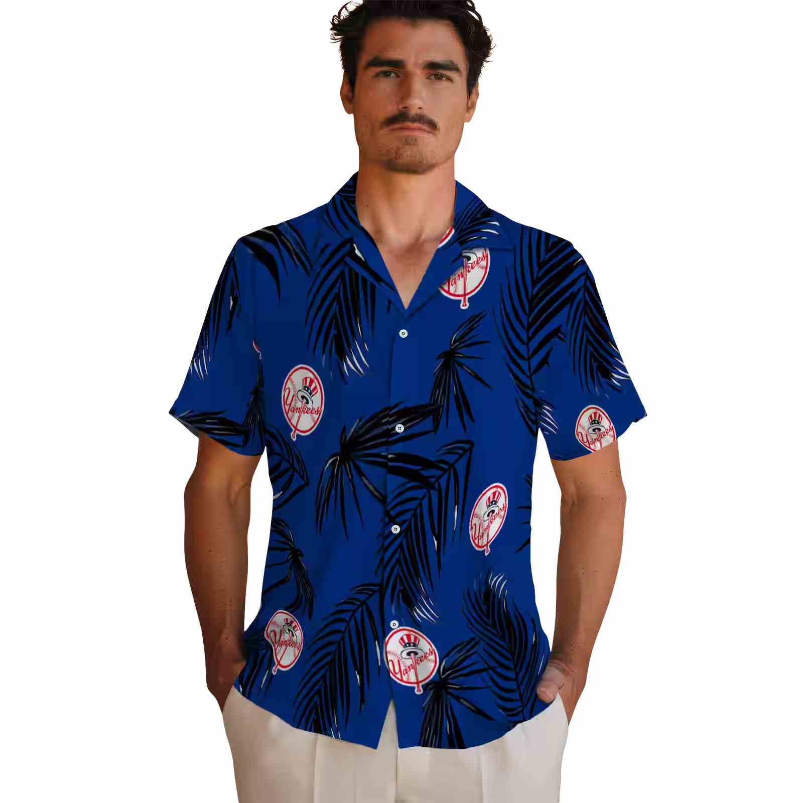 new york yankees palm leaf navy hawaiian shirt fashion forward