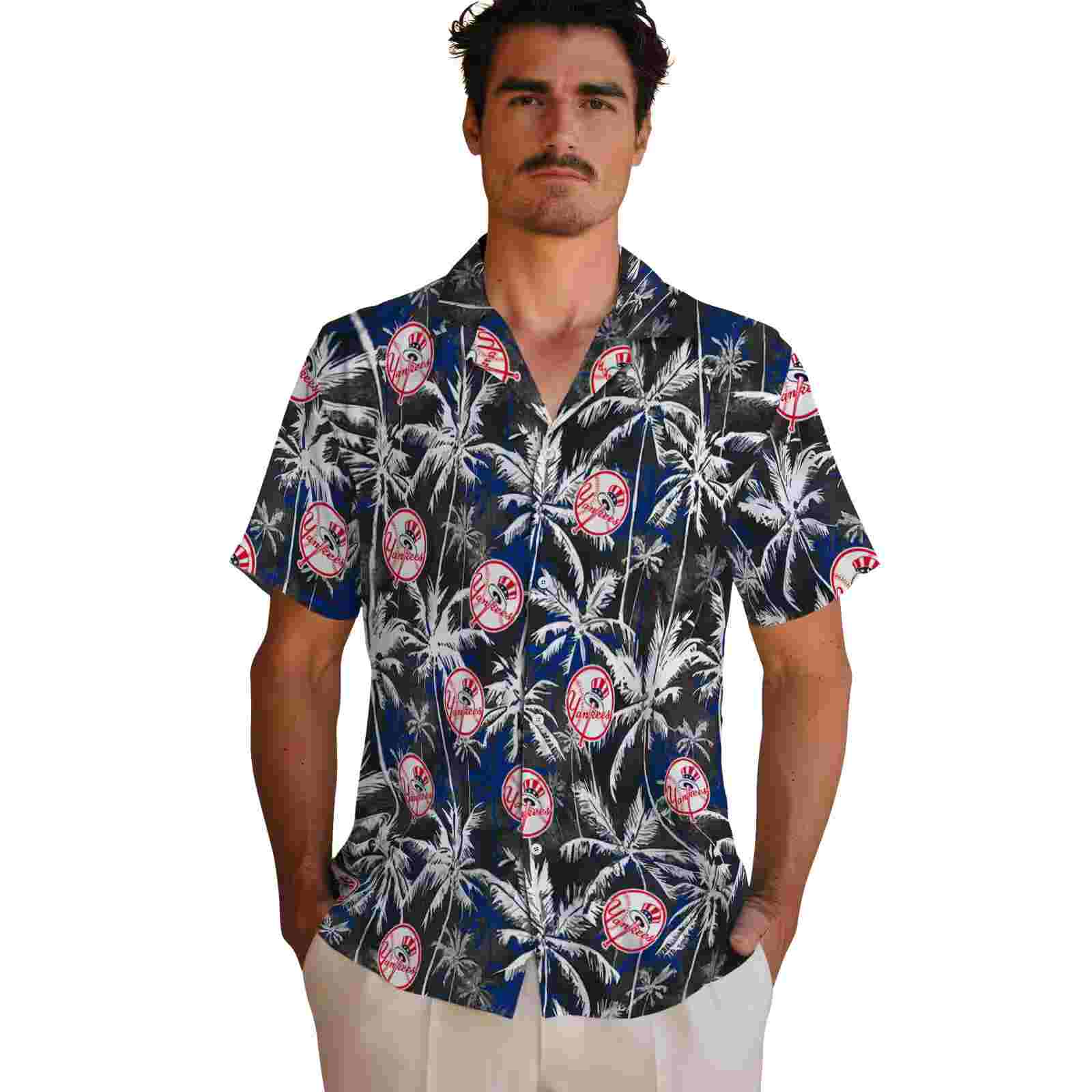 new york yankees palm pattern navy black hawaiian shirt fashion forward