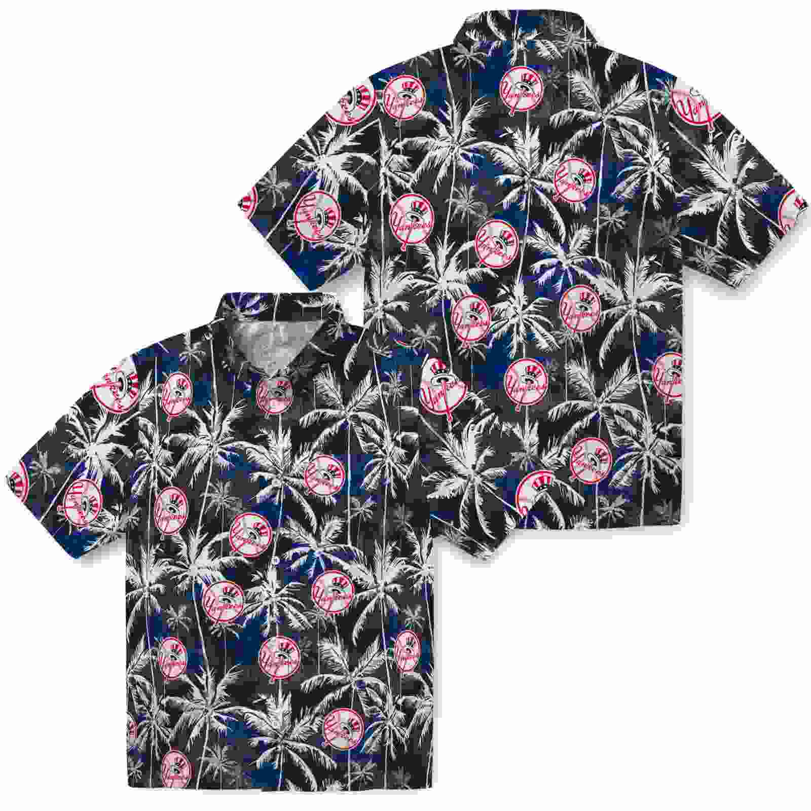 new york yankees palm pattern navy black hawaiian shirt high quality