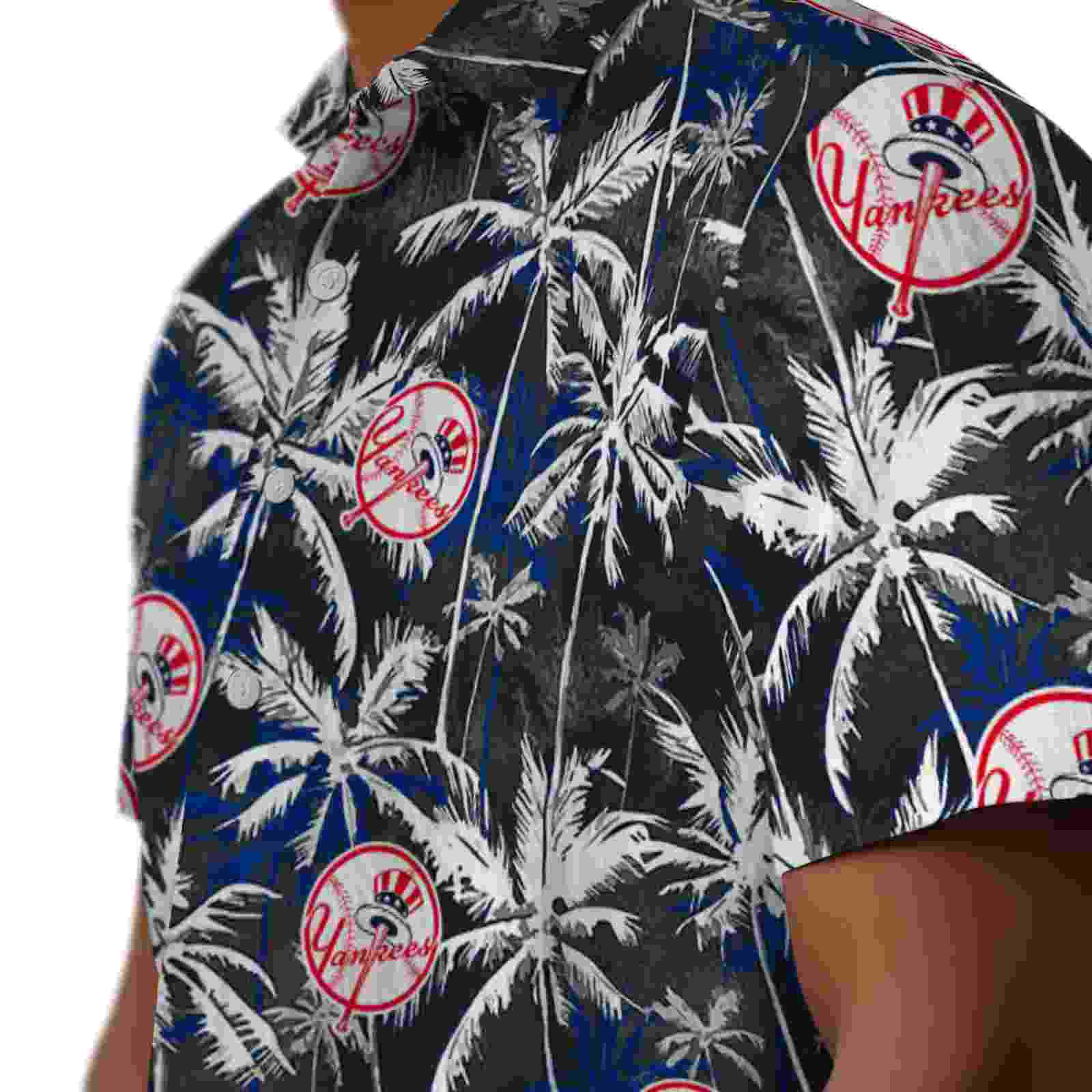 new york yankees palm pattern navy black hawaiian shirt trendy