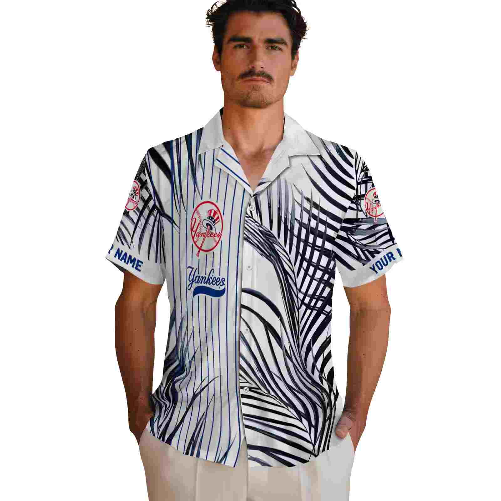 new york yankees palm stripes navy black white hawaiian shirt fashion forward