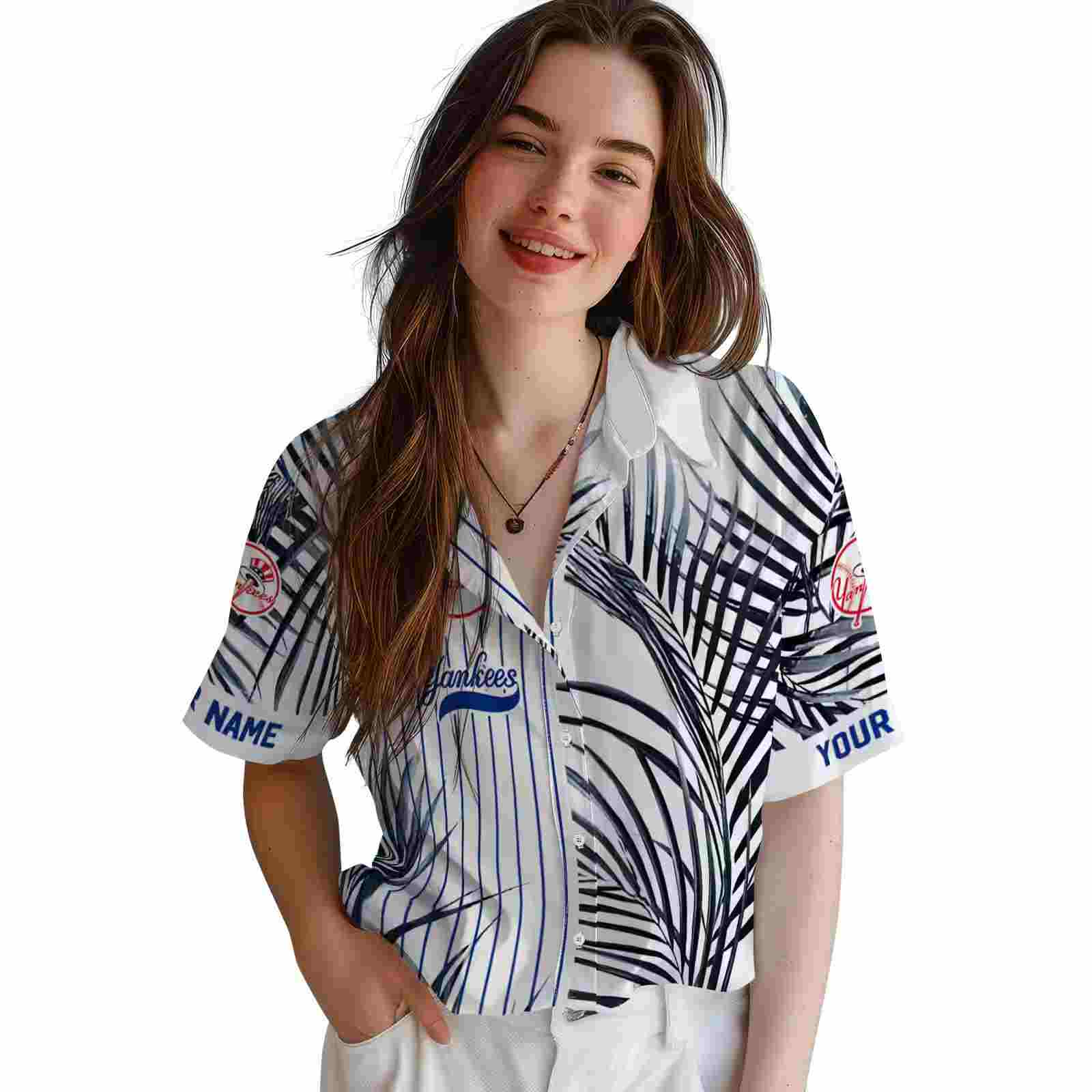 new york yankees palm stripes navy black white hawaiian shirt latest model