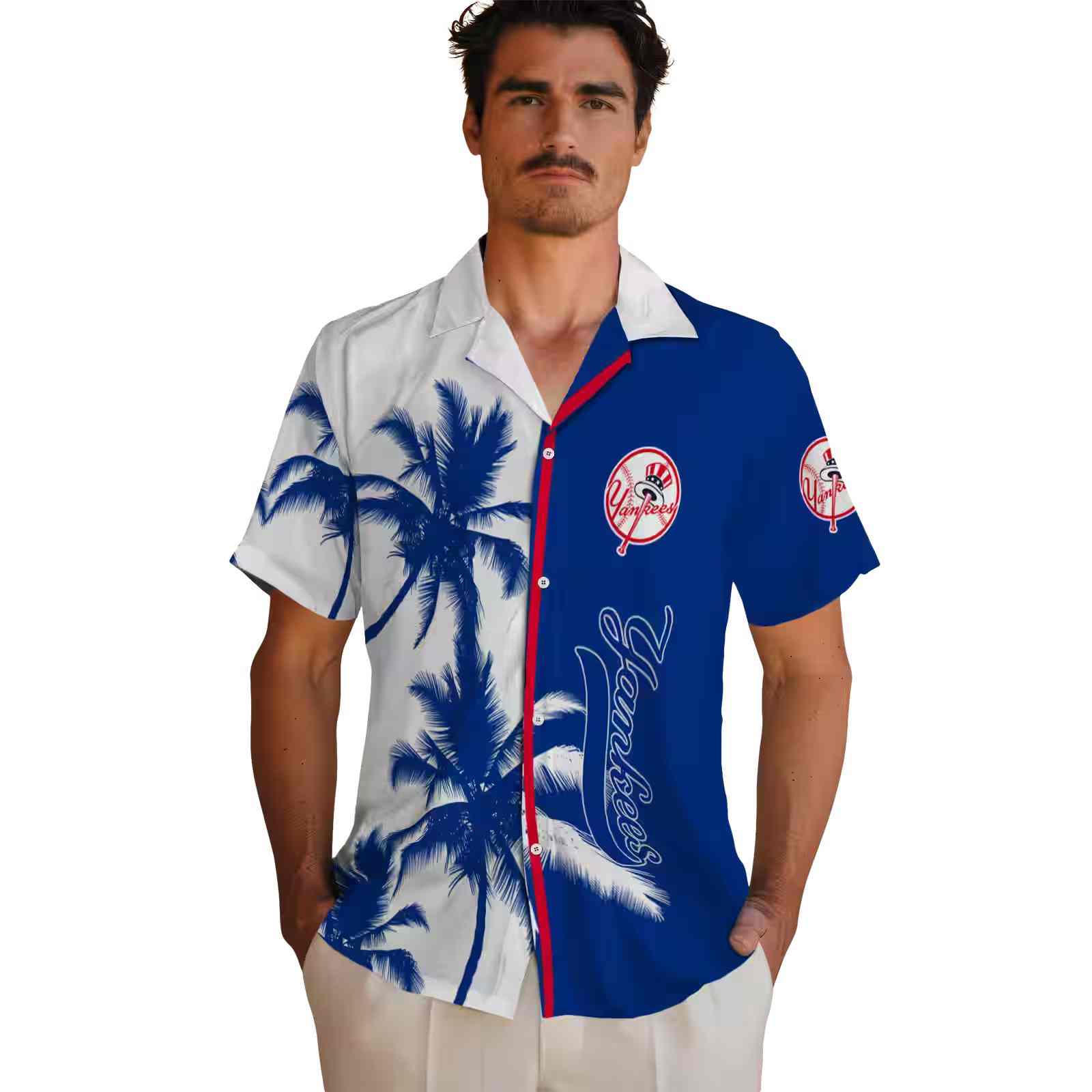 new york yankees palm trees navy white hawaiian shirt fashion forward